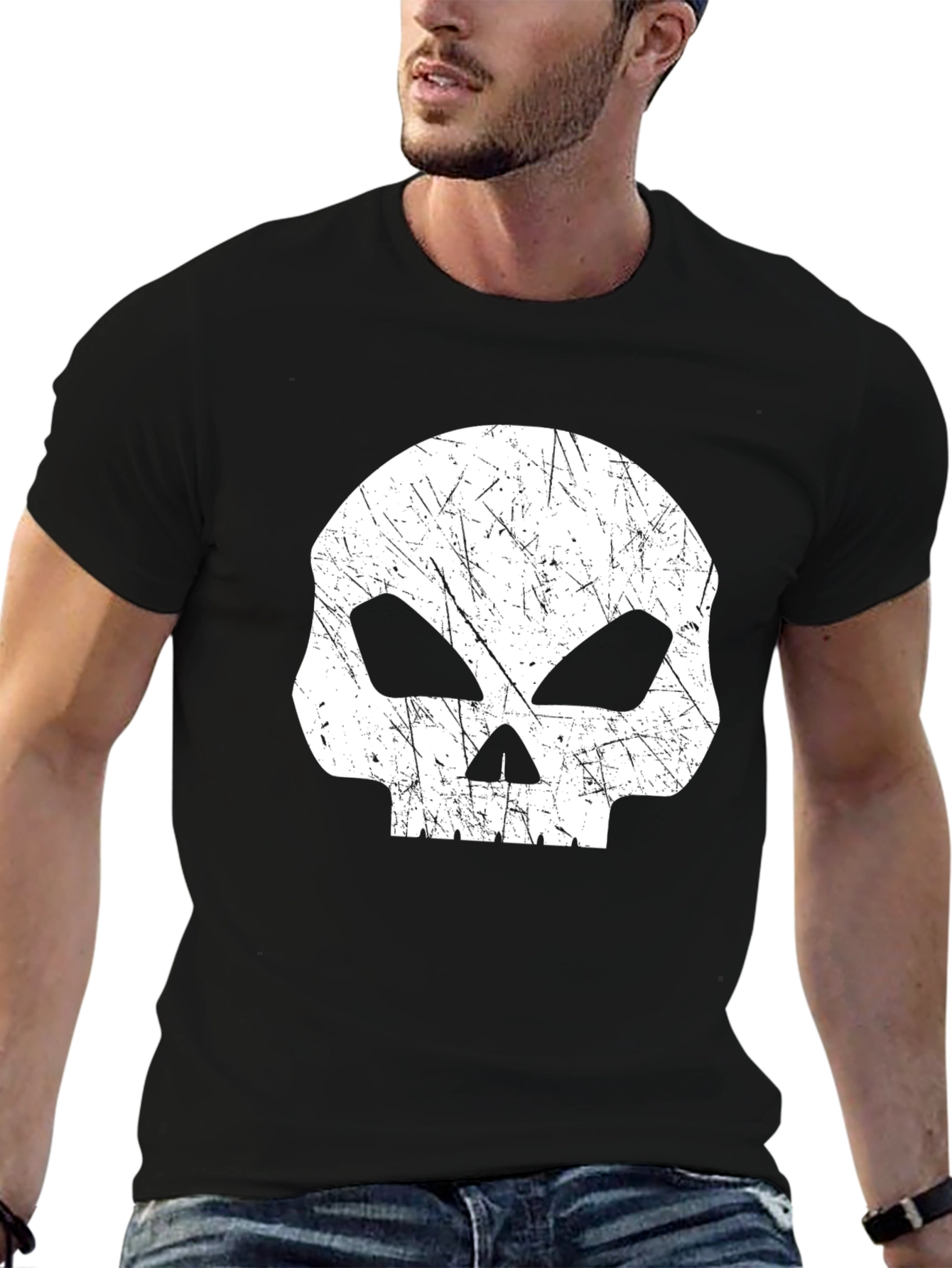 Mens Black T-Shirt with Distressed Skull Graphic
