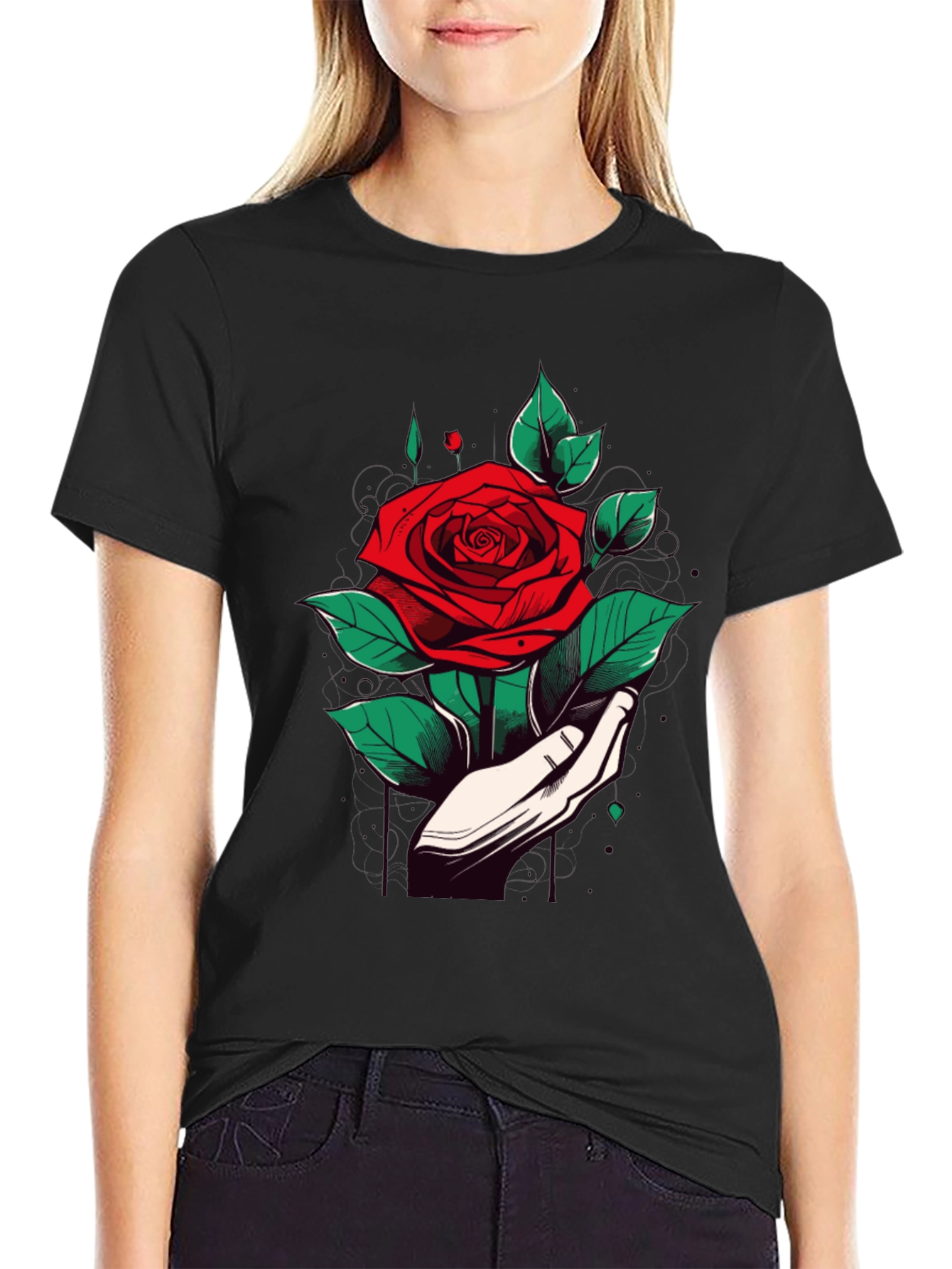 Rose Hand Graphic Black T-Shirt