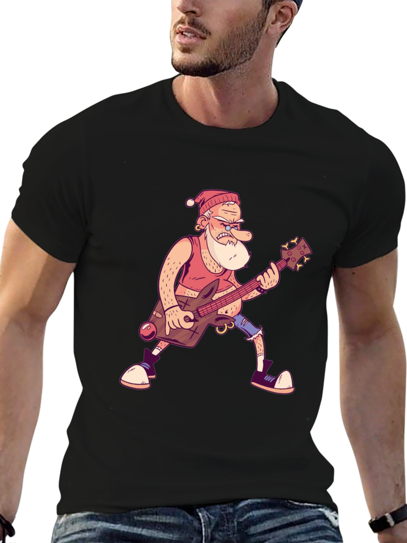 Santa Guitarist Graphic T-Shirt - Black