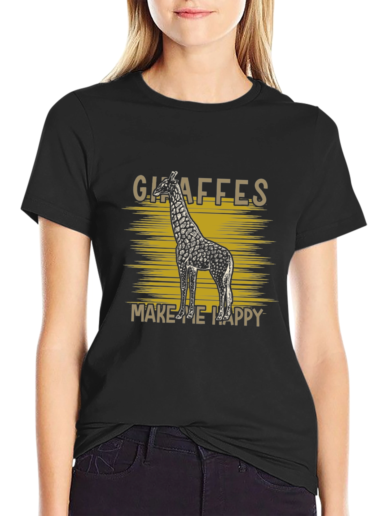 Giraffes Make Me Happy Black Graphic T-Shirt
