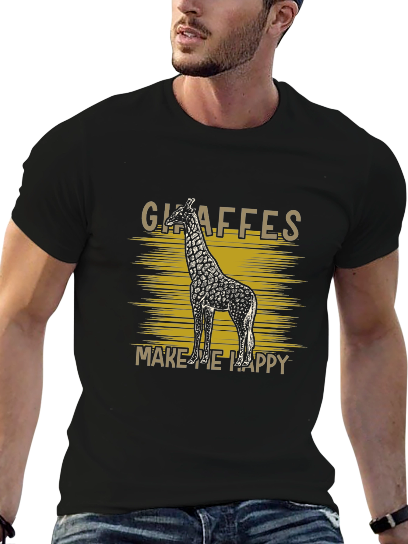 Giraffes Make Me Happy Black Graphic T-Shirt