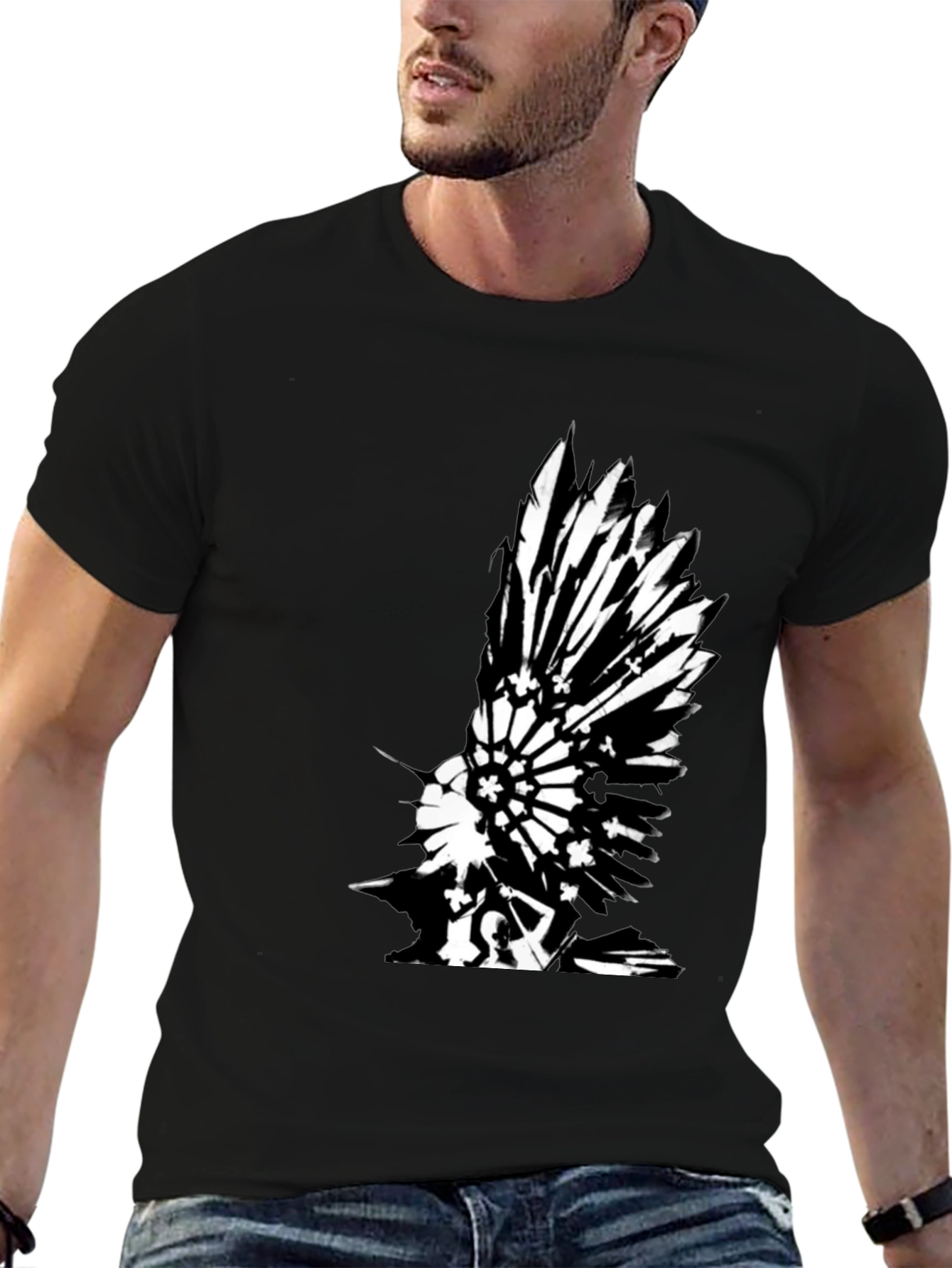 Black T-Shirt with Graphic Bird Print