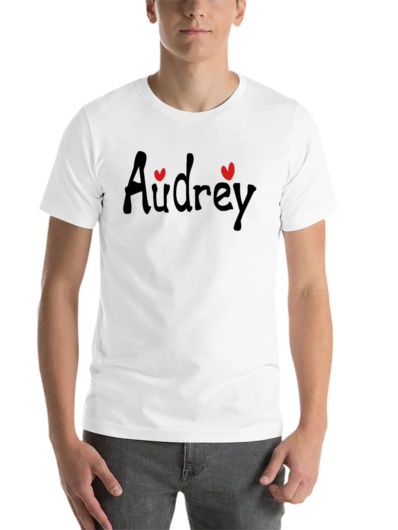 Name Audrey Txt Hearts Vector Graphic Line Art Stylish Everyday T-Shirt – Unisex Basic Cotton Tee