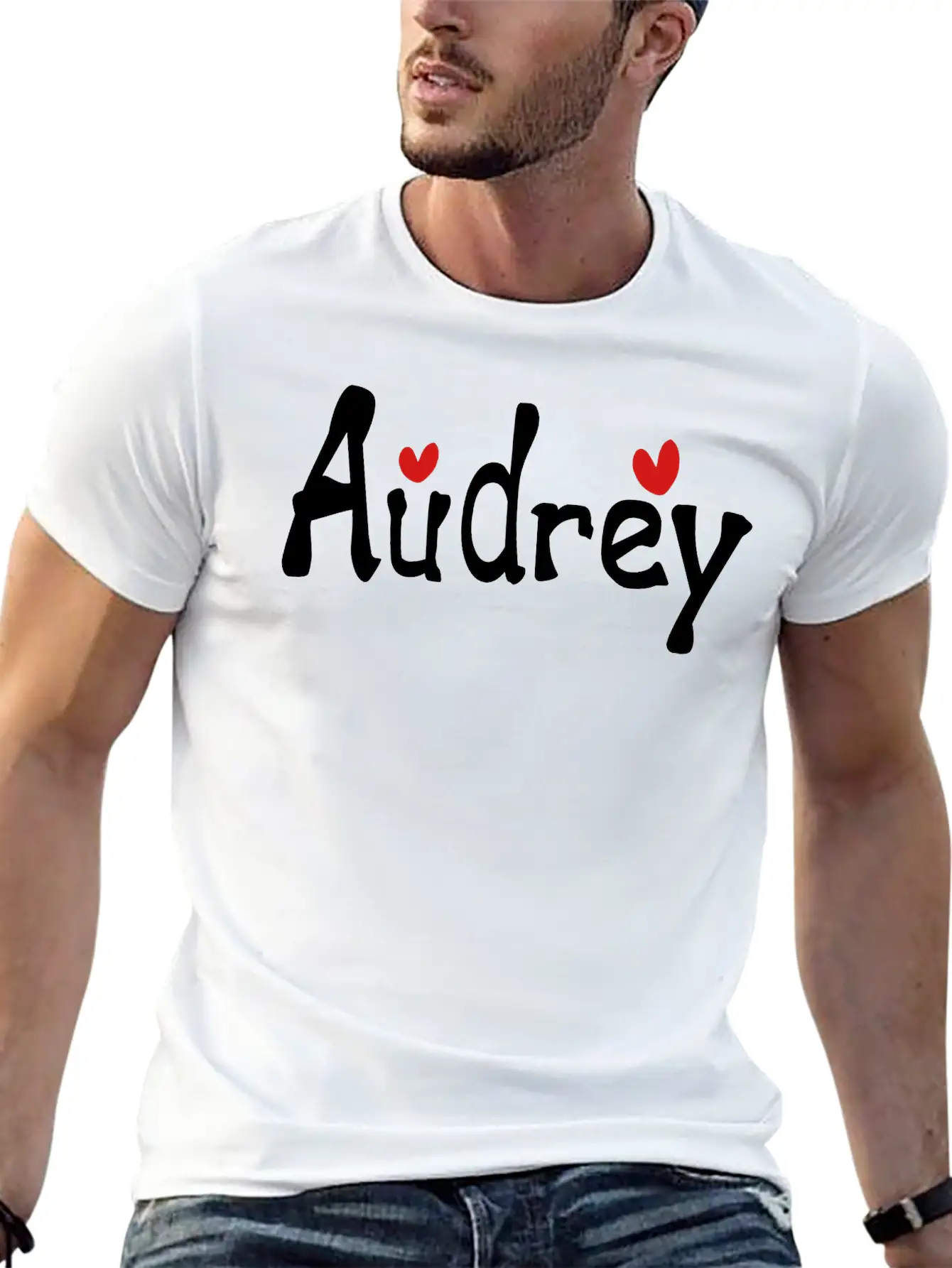 Name Audrey Txt Hearts Vector Graphic Line Art Stylish Everyday T-Shirt – Unisex Basic Cotton Tee