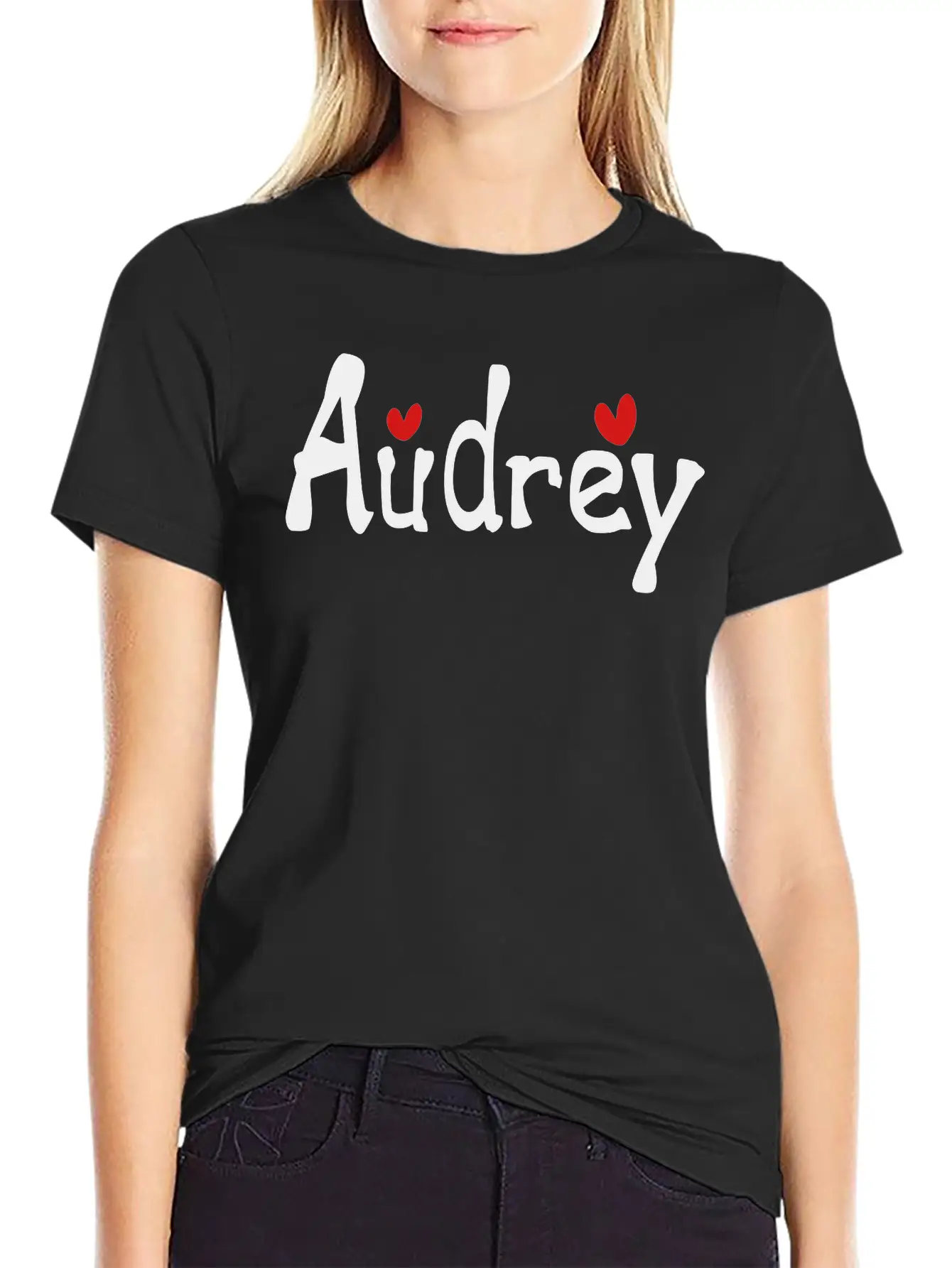 Name Audrey Txt Hearts Vector Graphic Line Art Stylish Everyday T-Shirt – Unisex Basic Cotton Tee