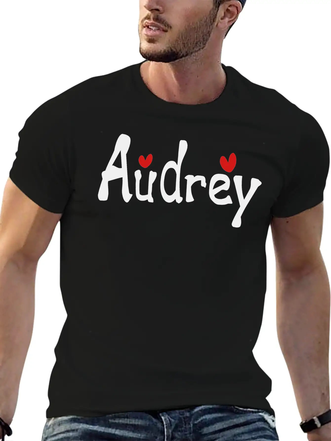 Name Audrey Txt Hearts Vector Graphic Line Art Stylish Everyday T-Shirt – Unisex Basic Cotton Tee