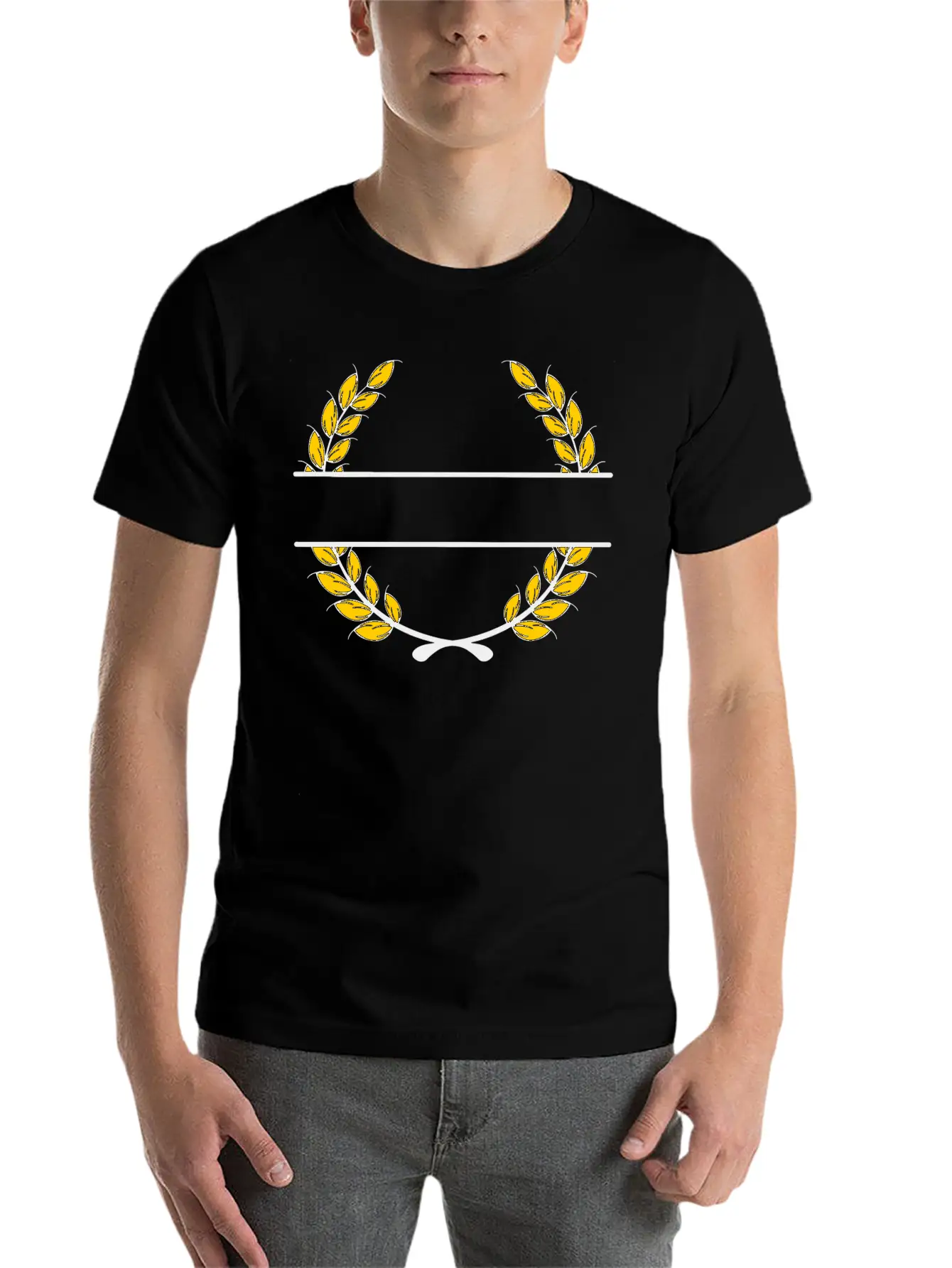 Name Banner Laurel Wreath Gold Wheat Unisex Short Sleeve Soft Cotton T-Shirt – Casual Everyday Wear