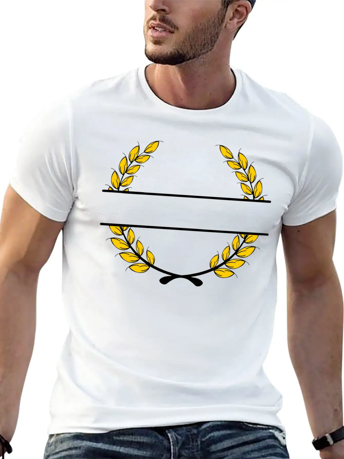 Name Banner Laurel Wreath Gold Wheat Unisex Short Sleeve Soft Cotton T-Shirt – Casual Everyday Wear