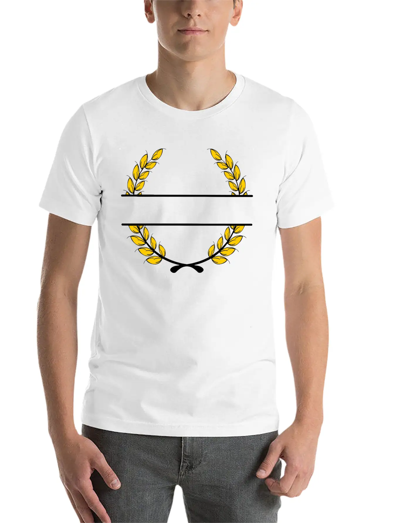 Name Banner Laurel Wreath Gold Wheat Unisex Short Sleeve Soft Cotton T-Shirt – Casual Everyday Wear