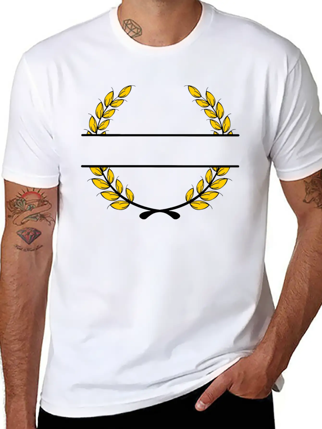 Name Banner Laurel Wreath Gold Wheat Unisex Short Sleeve Soft Cotton T-Shirt – Casual Everyday Wear