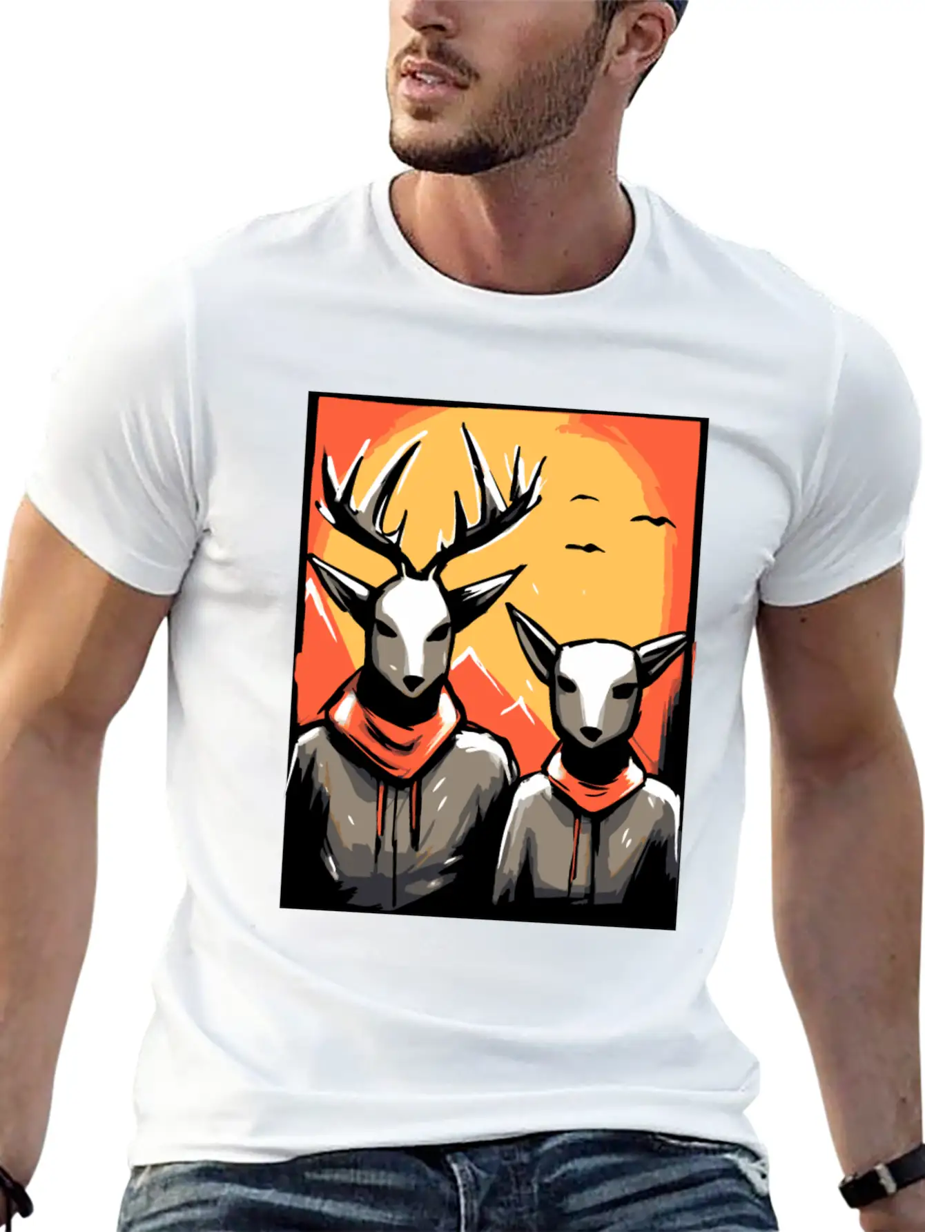 Nature And A Couple Of Deer Unisex Short Sleeve Soft Cotton T-Shirt – Casual Everyday Wear