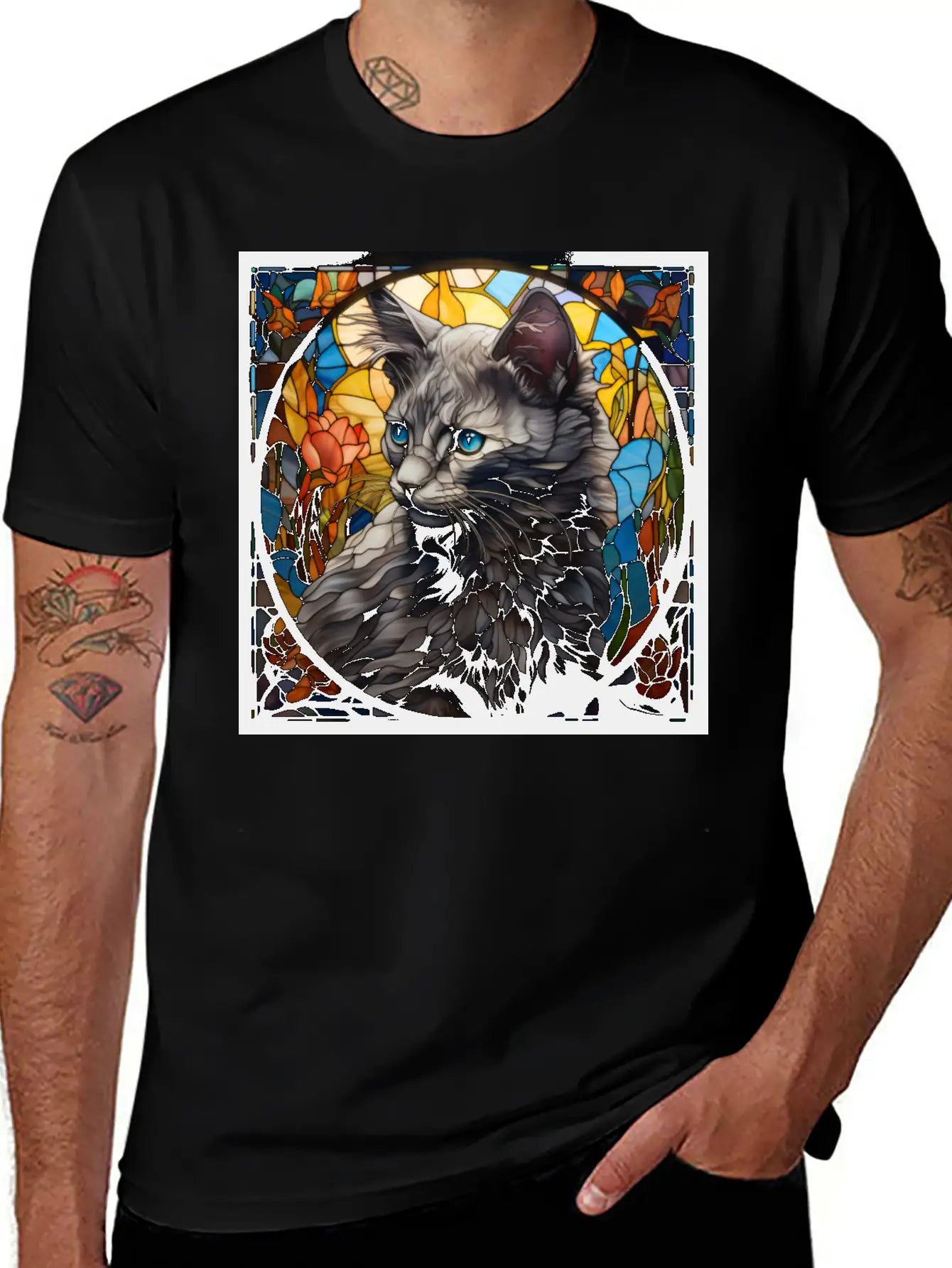 Nebelung Kitten In Stained Glass Basic Graphic T-Shirt – Daily Comfort In Soft Cotton
