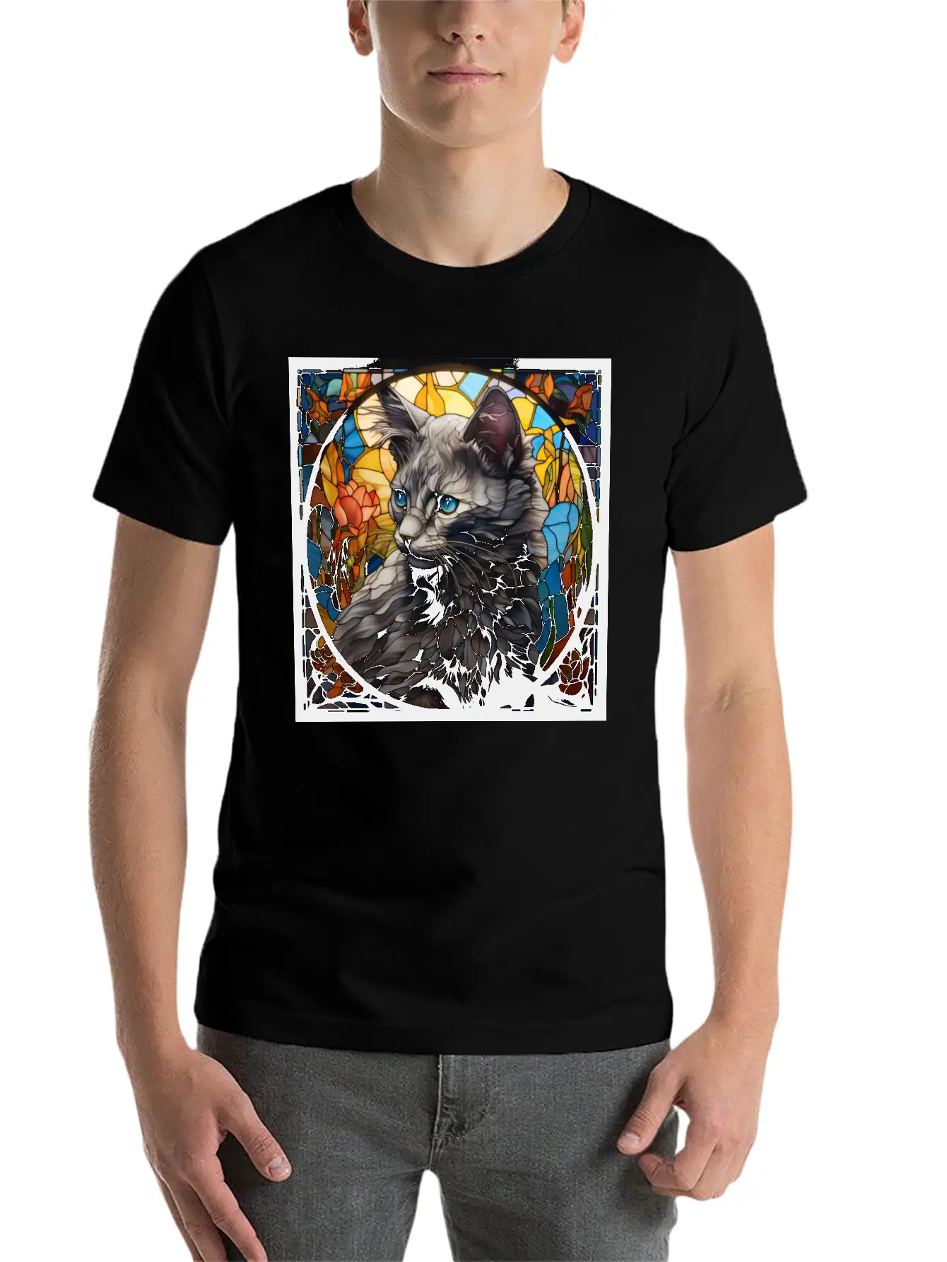 Nebelung Kitten In Stained Glass Basic Graphic T-Shirt – Daily Comfort In Soft Cotton