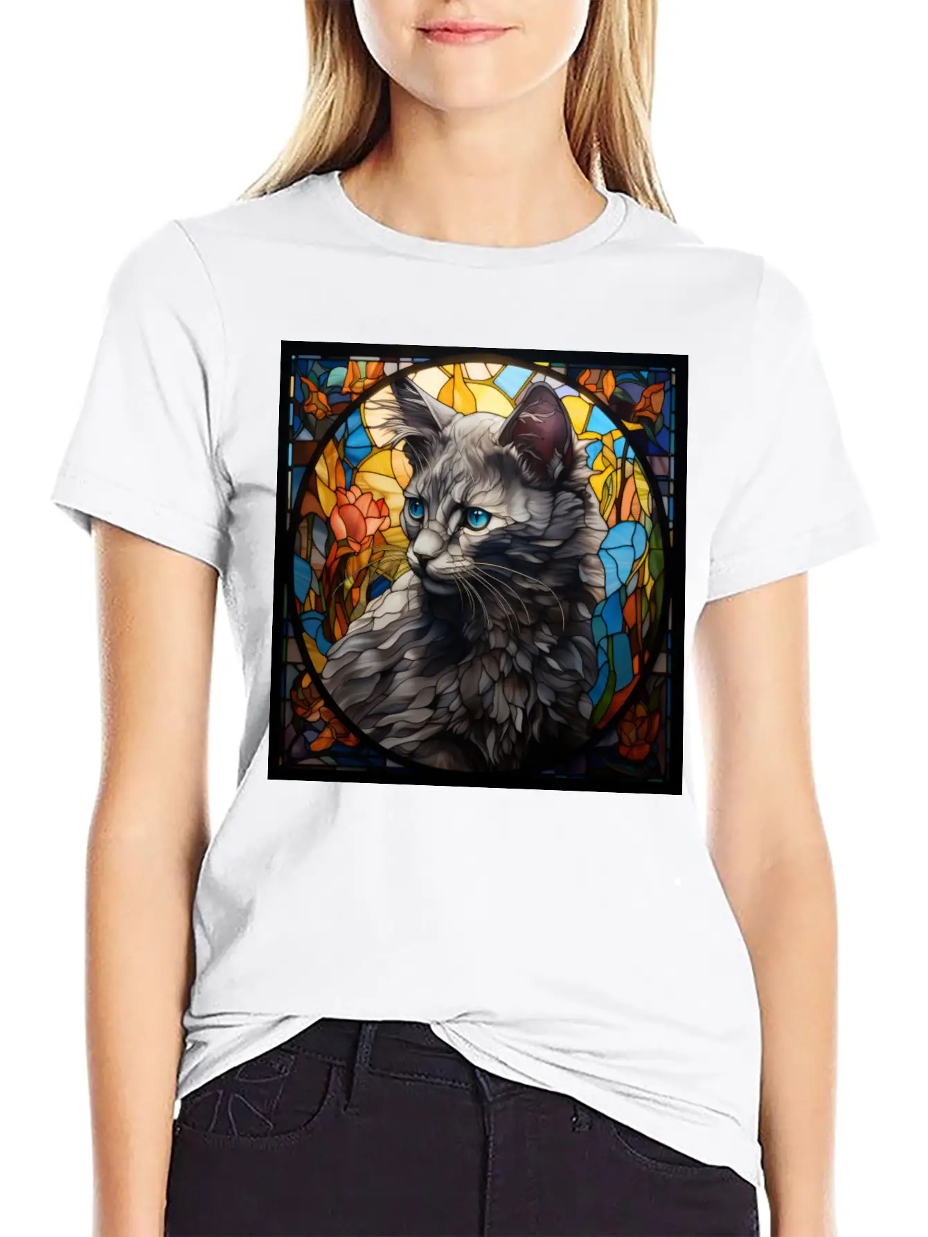 Nebelung Kitten In Stained Glass Basic Graphic T-Shirt – Daily Comfort In Soft Cotton