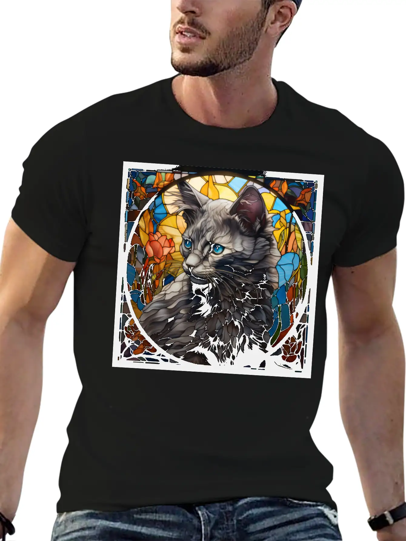 Nebelung Kitten In Stained Glass Basic Graphic T-Shirt – Daily Comfort In Soft Cotton