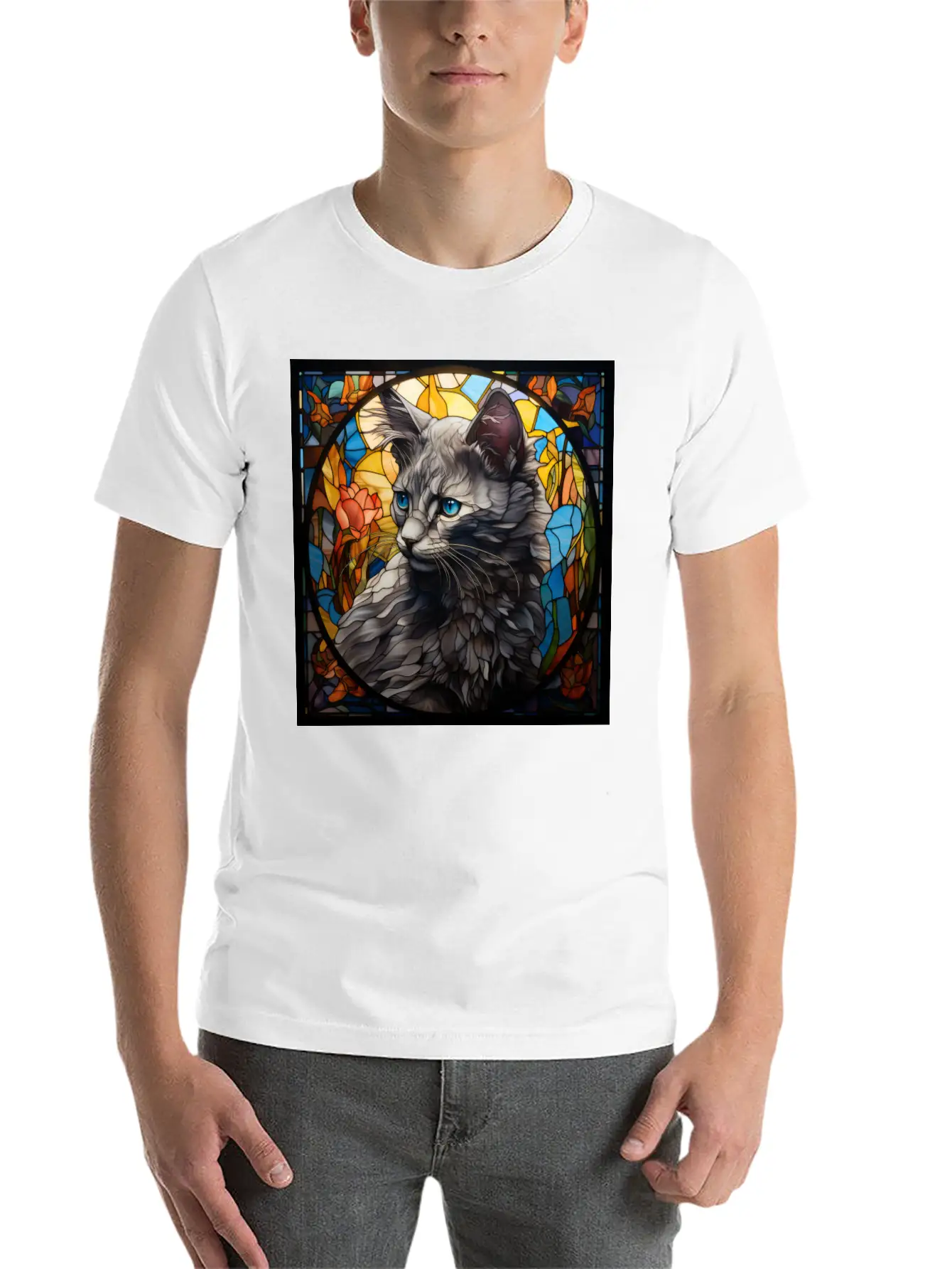 Nebelung Kitten In Stained Glass Basic Graphic T-Shirt – Daily Comfort In Soft Cotton