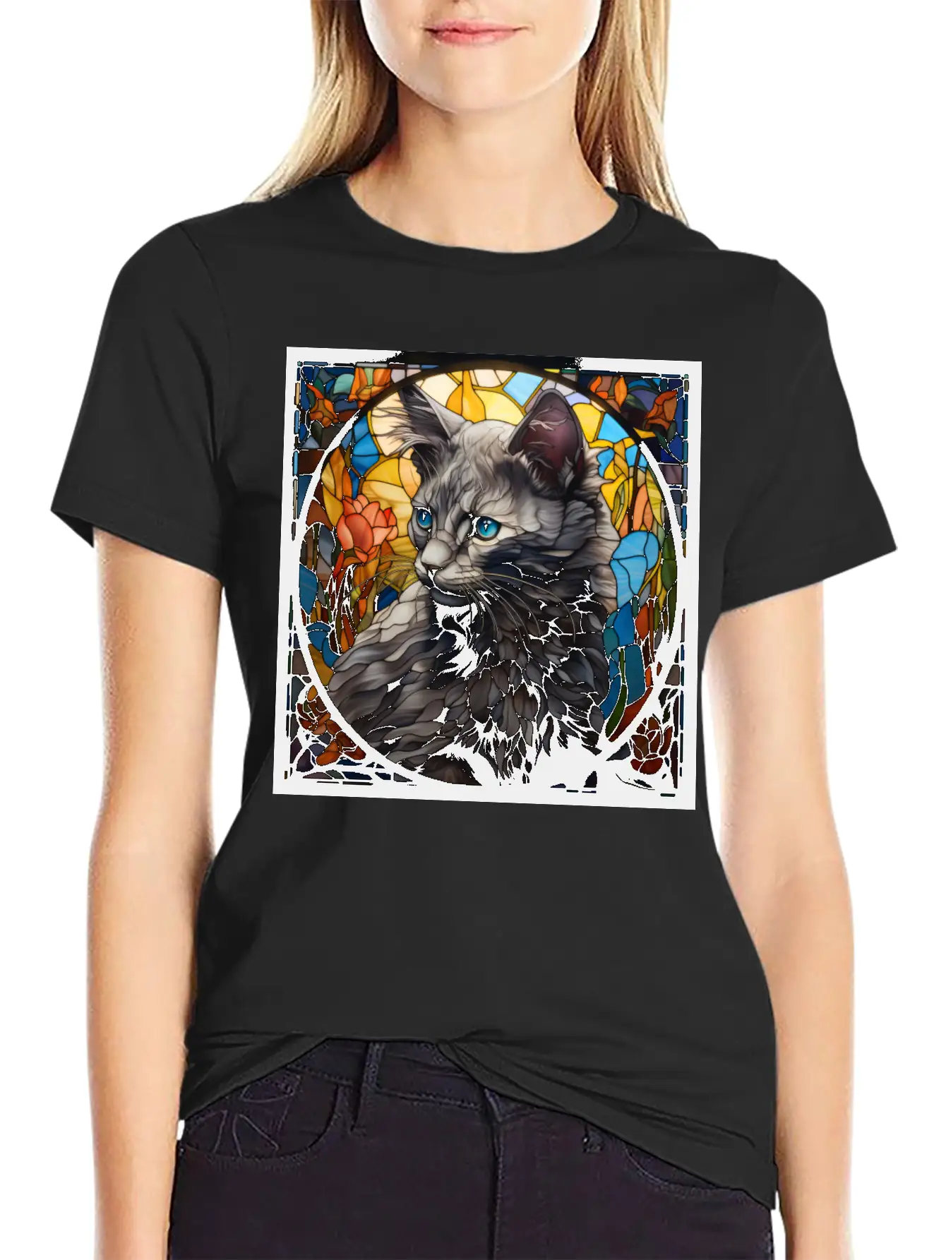 Nebelung Kitten In Stained Glass Basic Graphic T-Shirt – Daily Comfort In Soft Cotton