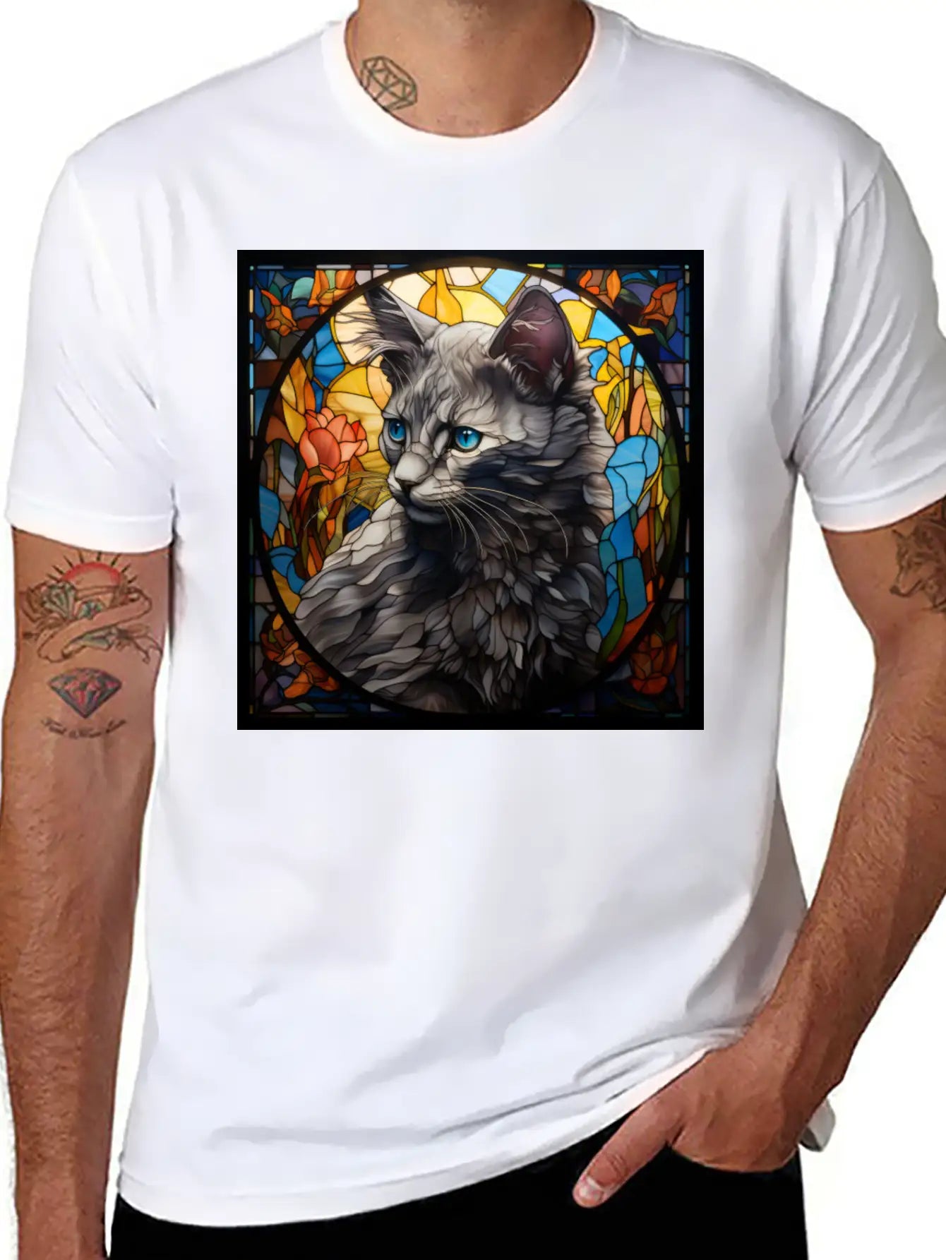 Nebelung Kitten In Stained Glass Basic Graphic T-Shirt – Daily Comfort In Soft Cotton