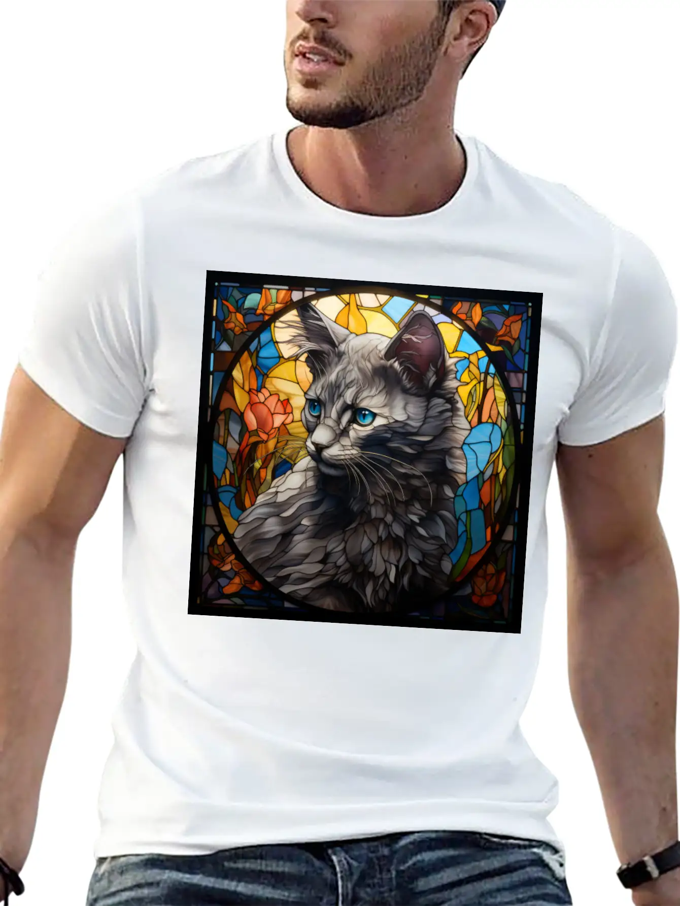 Nebelung Kitten In Stained Glass Basic Graphic T-Shirt – Daily Comfort In Soft Cotton