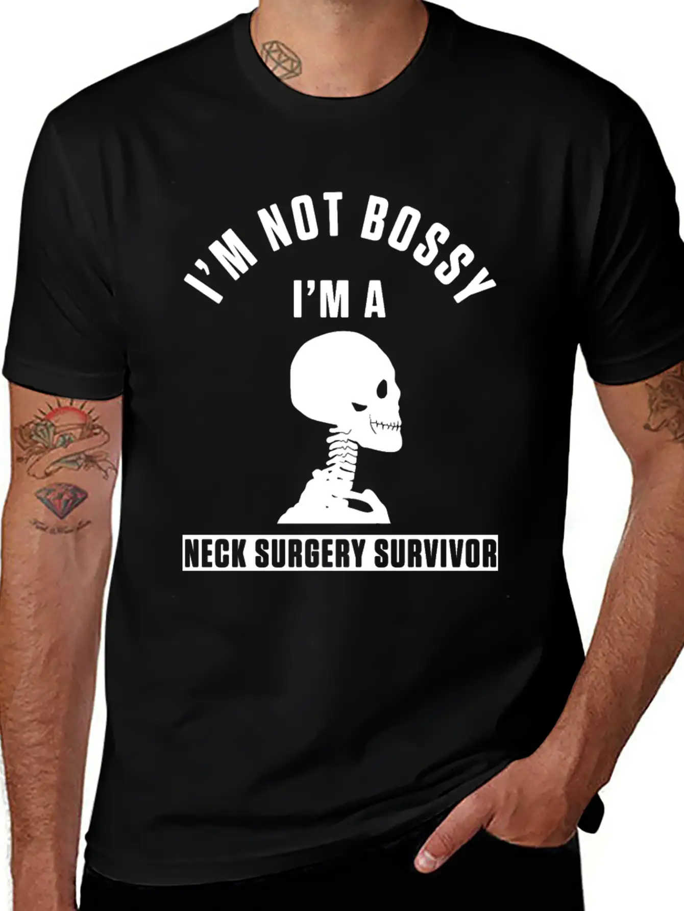 Neck Surgery Bossy Implant Survivor Recovery Stylish Everyday T-Shirt – Unisex Basic Cotton Tee
