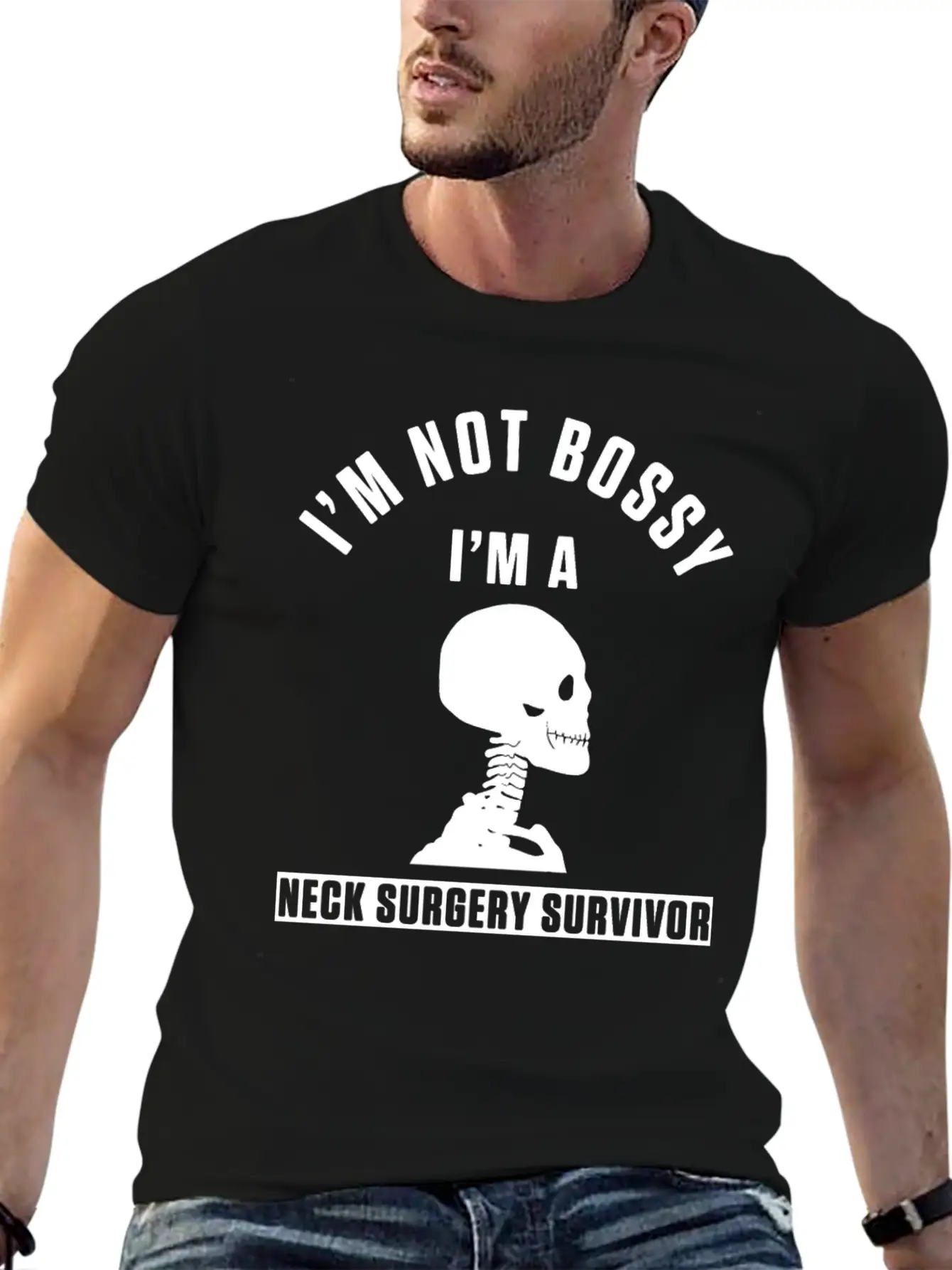 Neck Surgery Bossy Implant Survivor Recovery Stylish Everyday T-Shirt – Unisex Basic Cotton Tee