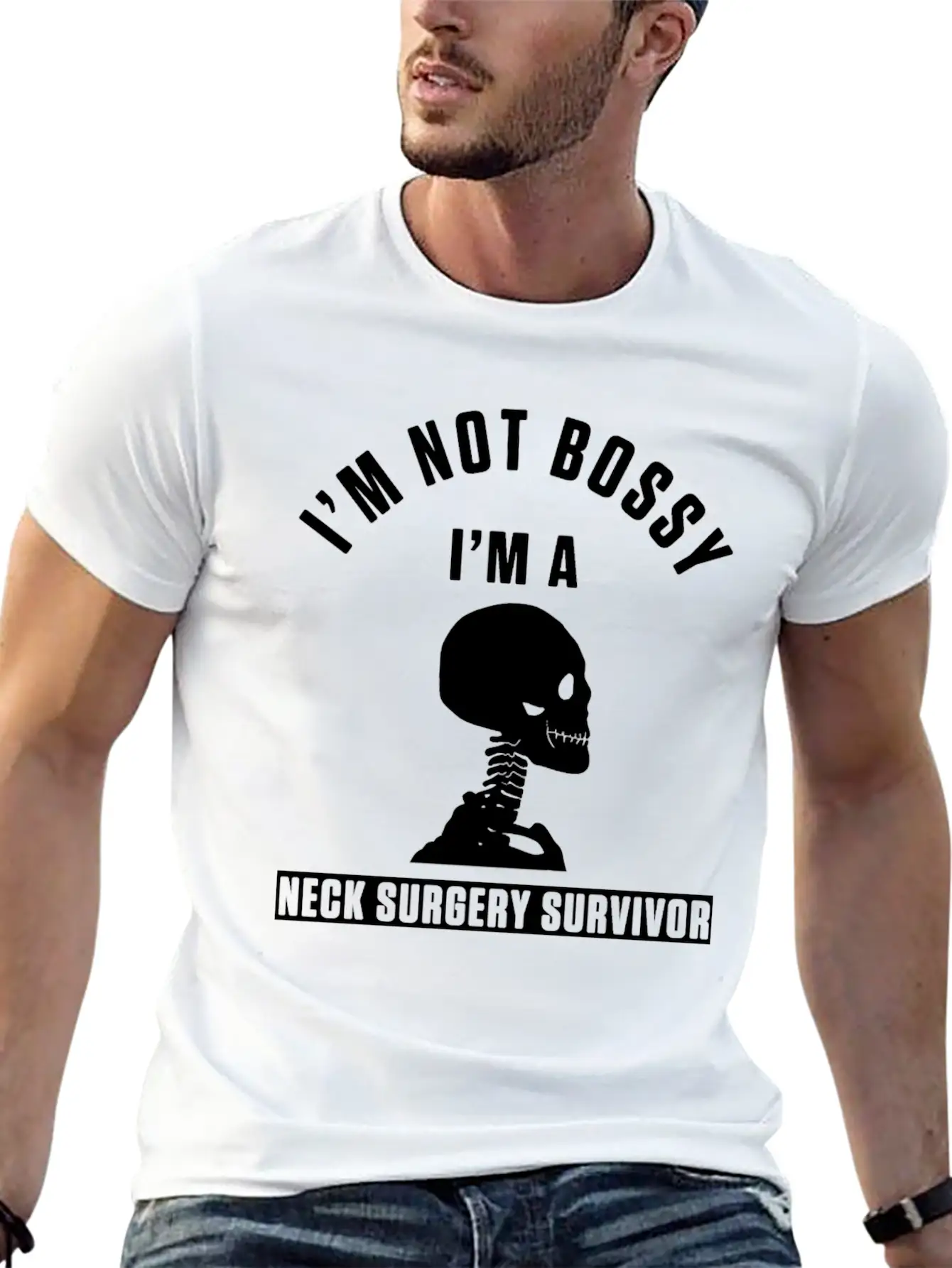 Neck Surgery Bossy Implant Survivor Recovery Stylish Everyday T-Shirt – Unisex Basic Cotton Tee