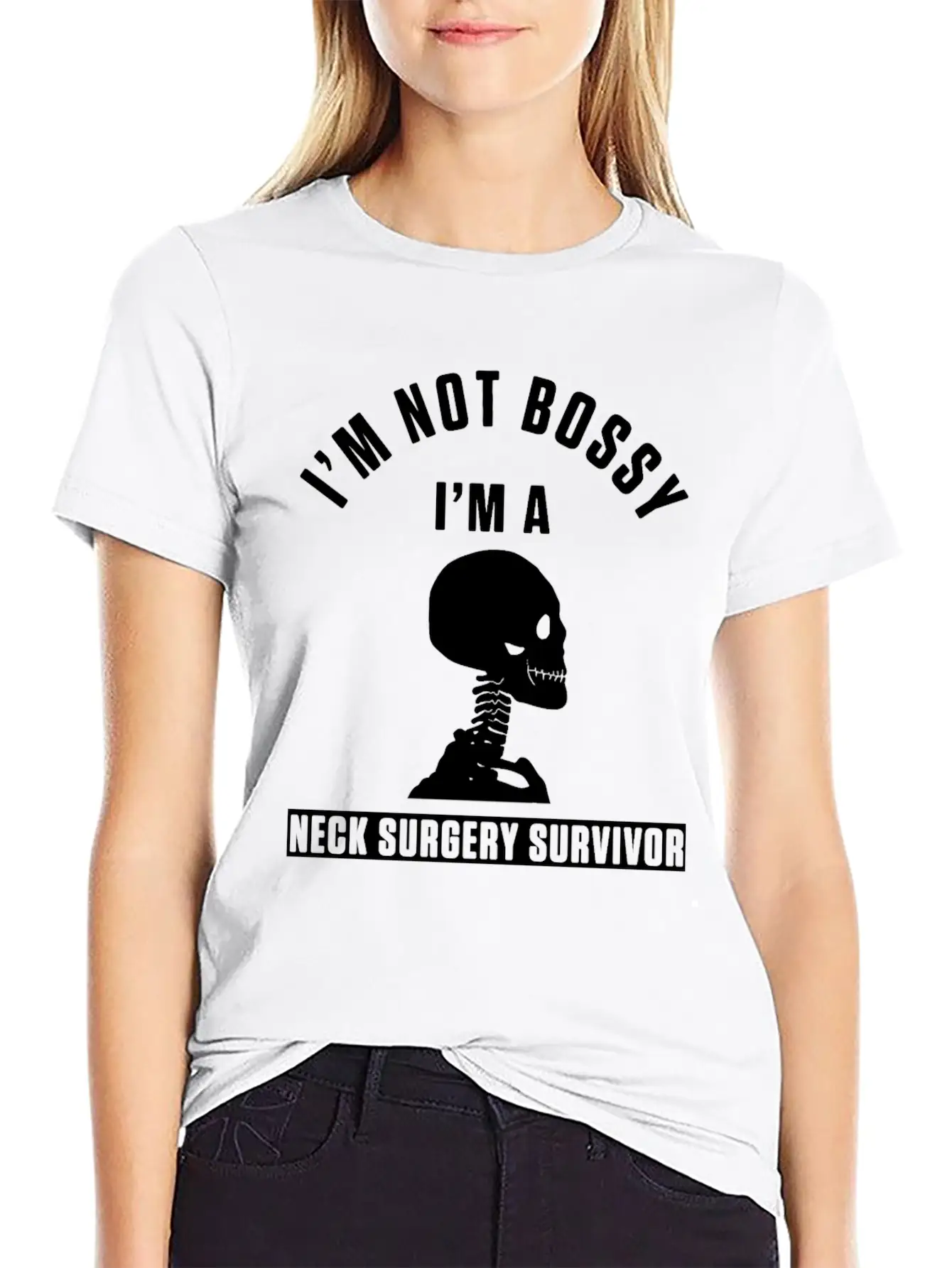 Neck Surgery Bossy Implant Survivor Recovery Stylish Everyday T-Shirt – Unisex Basic Cotton Tee
