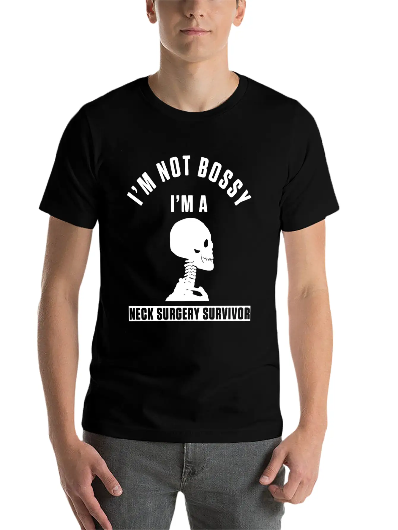 Neck Surgery Bossy Implant Survivor Recovery Stylish Everyday T-Shirt – Unisex Basic Cotton Tee