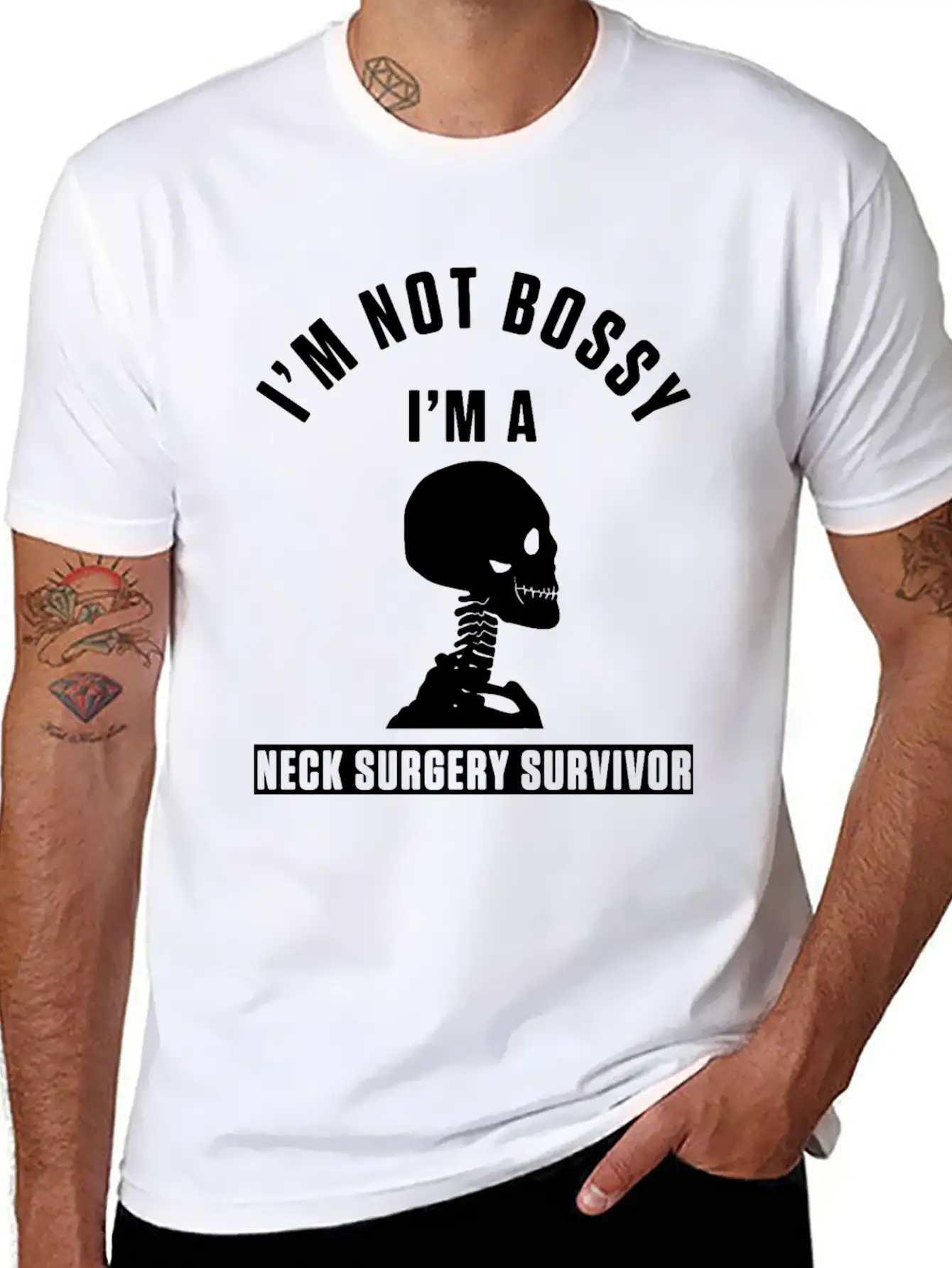 Neck Surgery Bossy Implant Survivor Recovery Stylish Everyday T-Shirt – Unisex Basic Cotton Tee