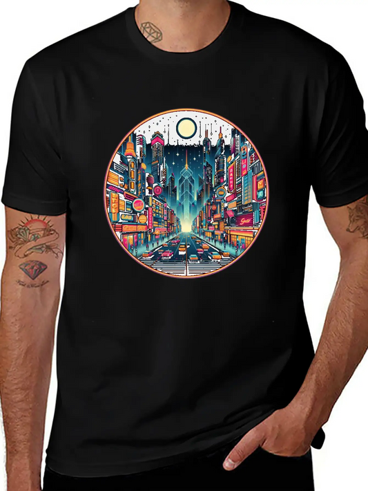 Neon Cityscape Retro Futurism Art Essential Unisex Summer Tee – Soft Cotton Casual Fit