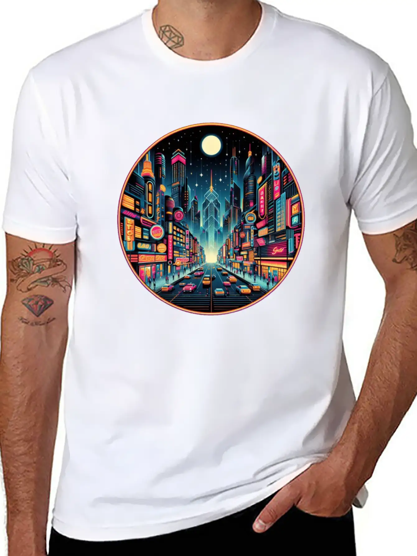 Neon Cityscape Retro Futurism Art Essential Unisex Summer Tee – Soft Cotton Casual Fit