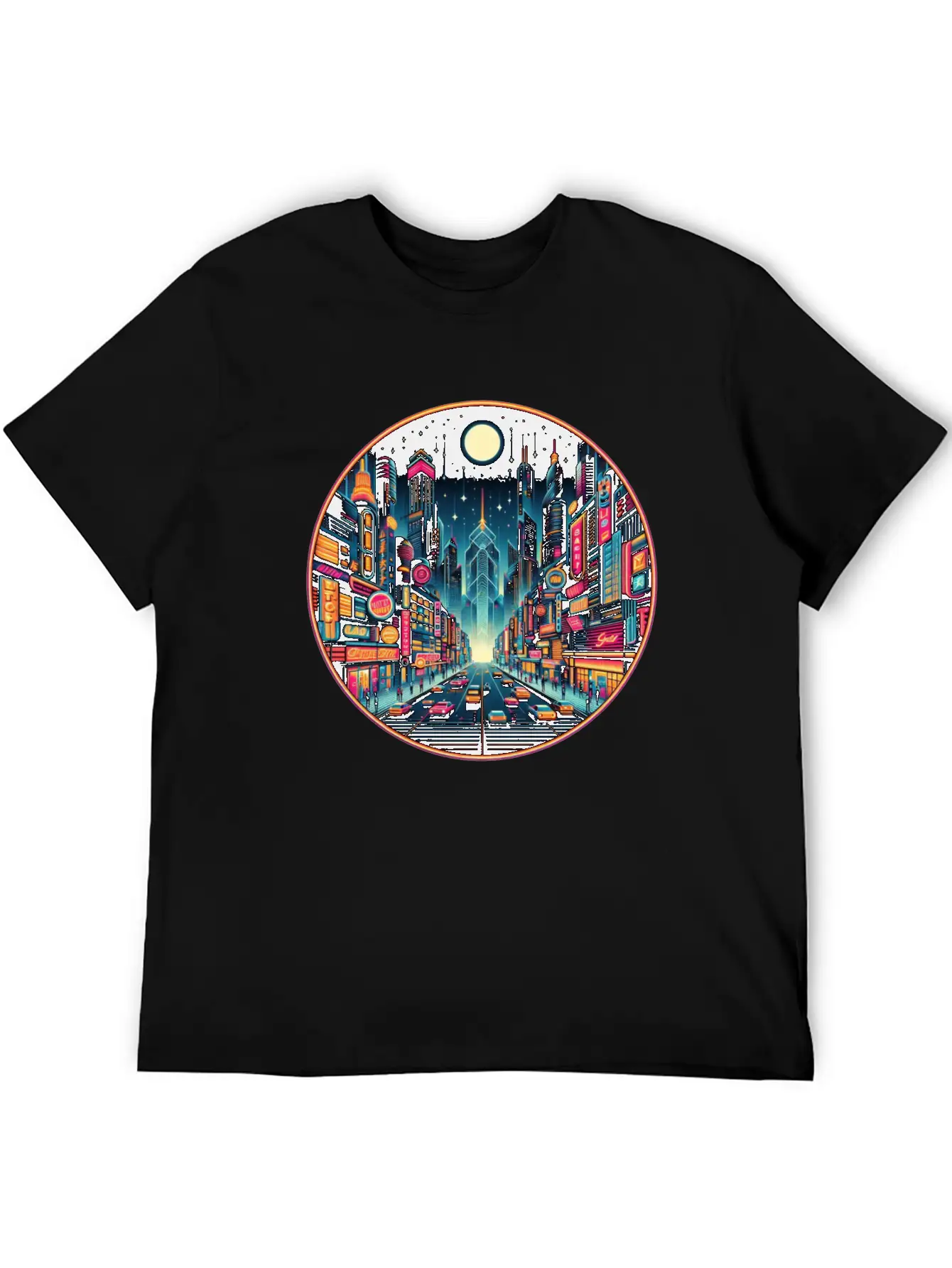 Neon Cityscape Retro Futurism Art Essential Unisex Summer Tee – Soft Cotton Casual Fit