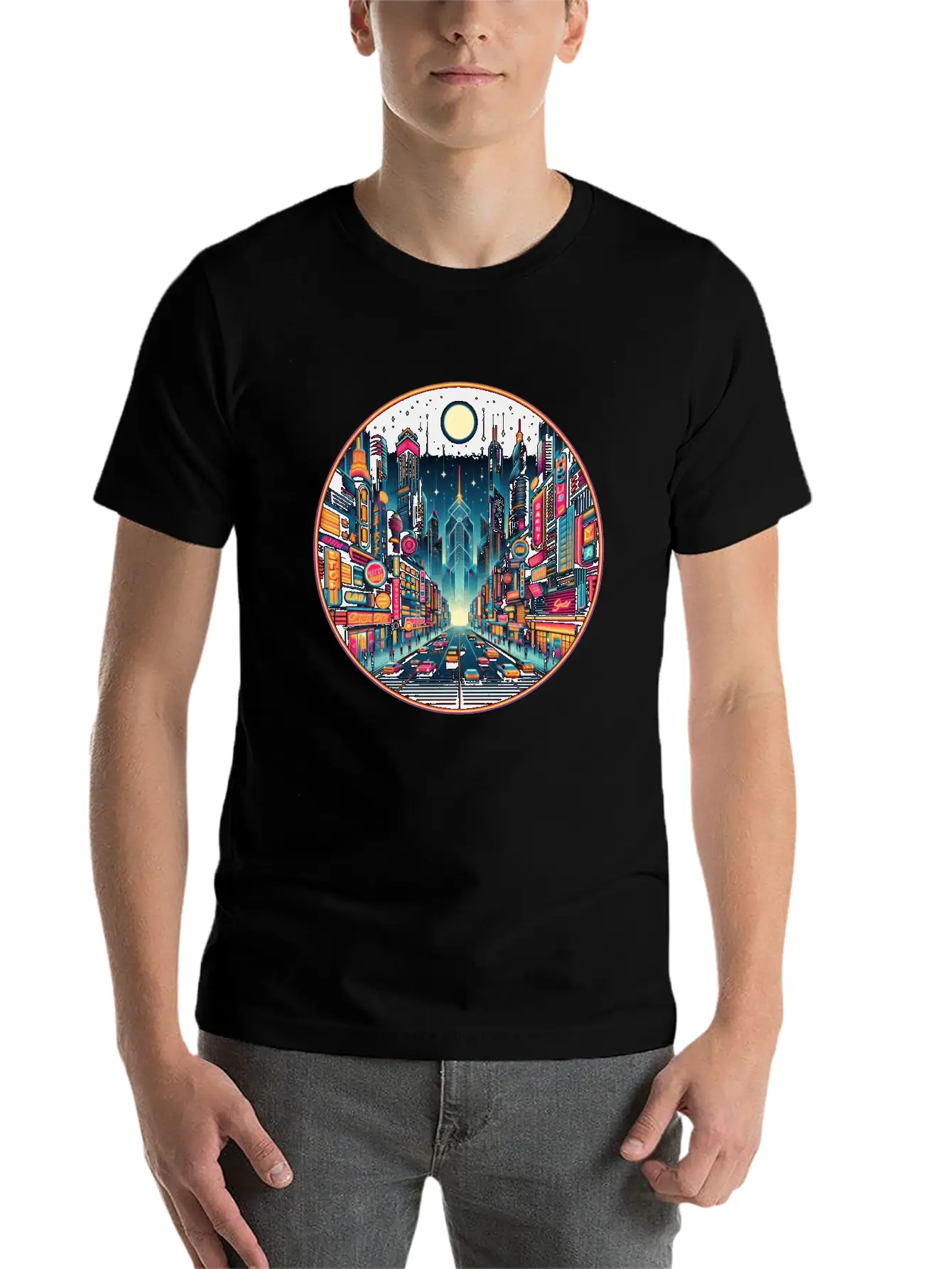 Neon Cityscape Retro Futurism Art Essential Unisex Summer Tee – Soft Cotton Casual Fit