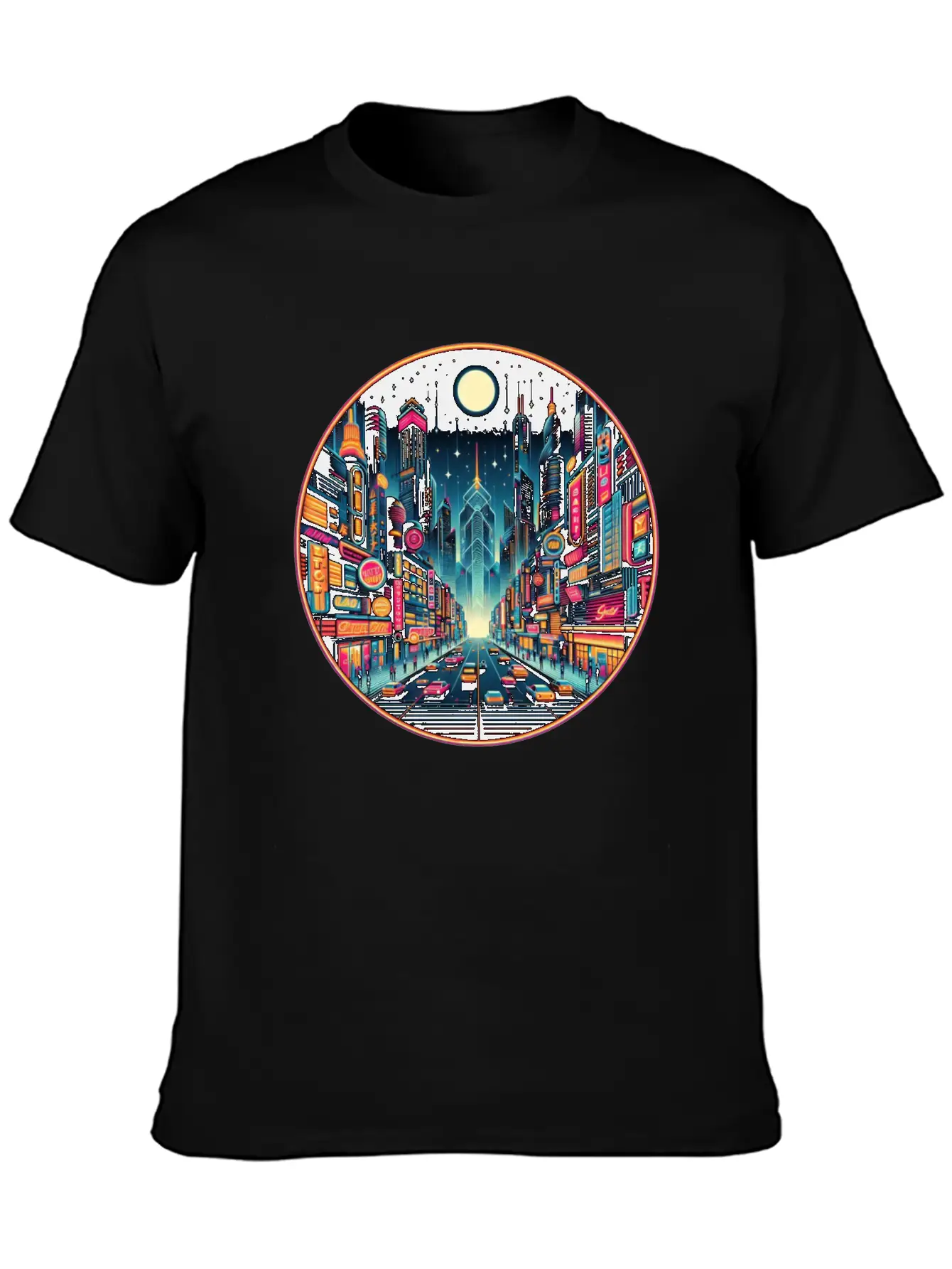 Neon Cityscape Retro Futurism Art Essential Unisex Summer Tee – Soft Cotton Casual Fit