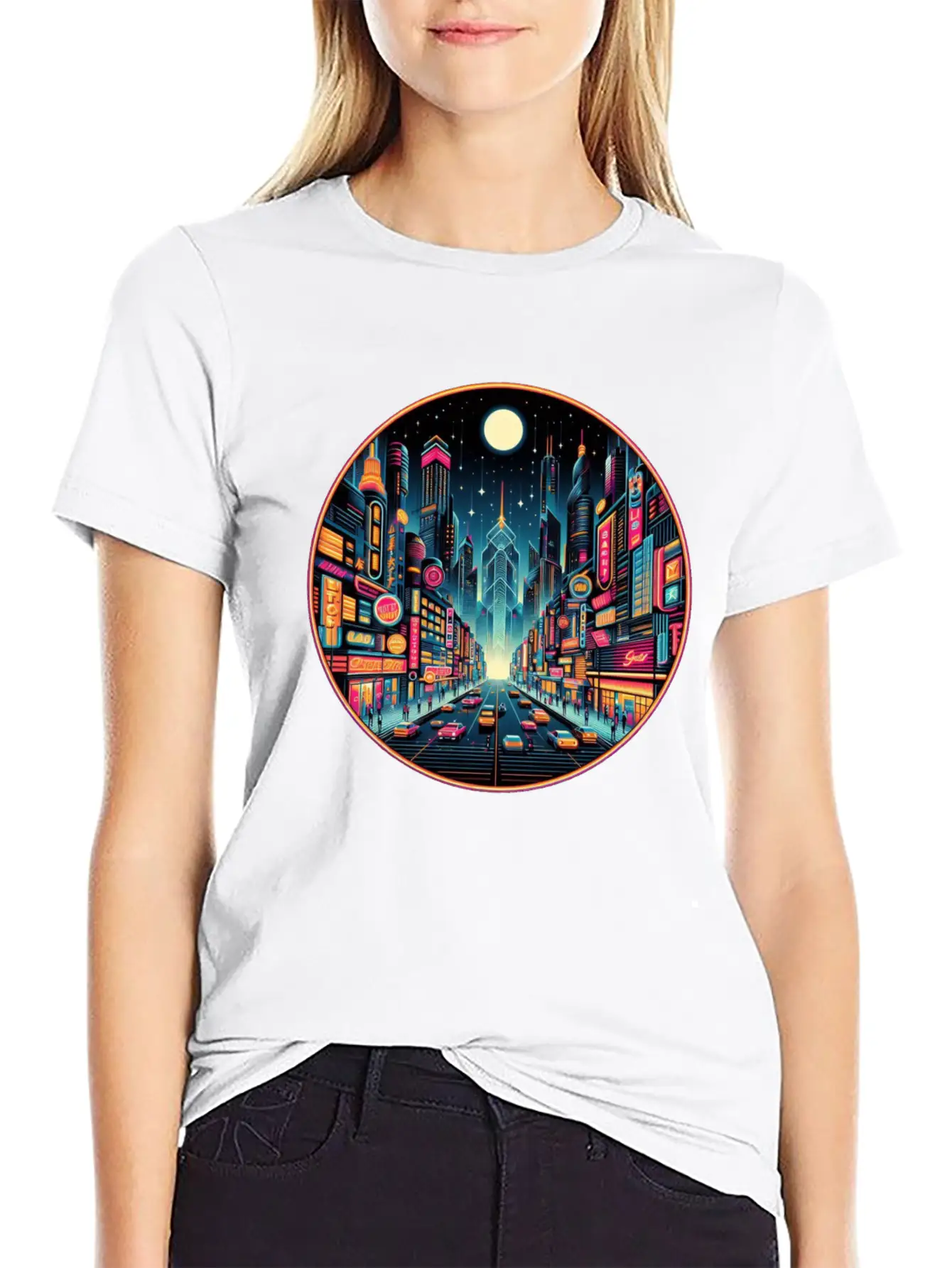 Neon Cityscape Retro Futurism Art Essential Unisex Summer Tee – Soft Cotton Casual Fit