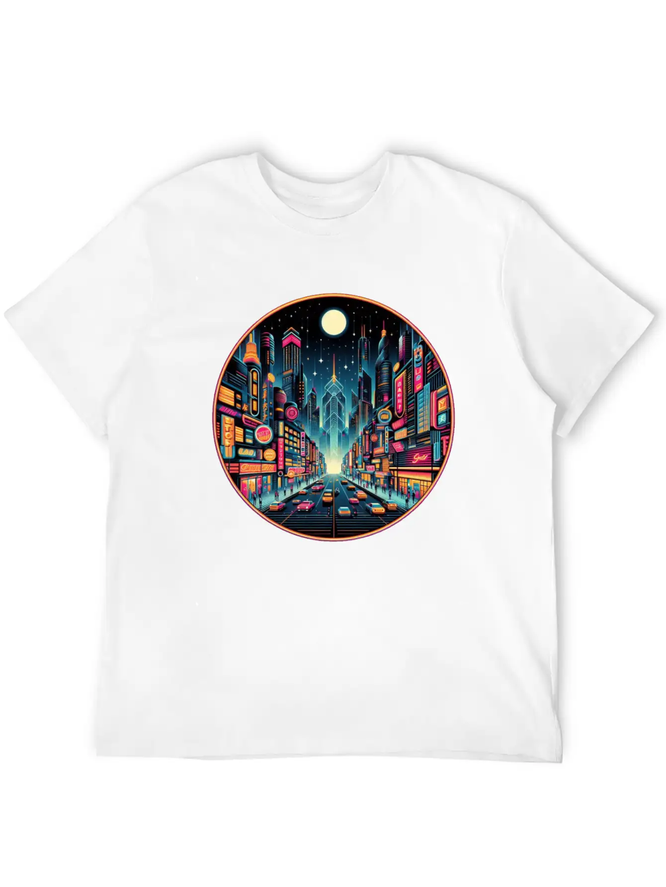 Neon Cityscape Retro Futurism Art Essential Unisex Summer Tee – Soft Cotton Casual Fit