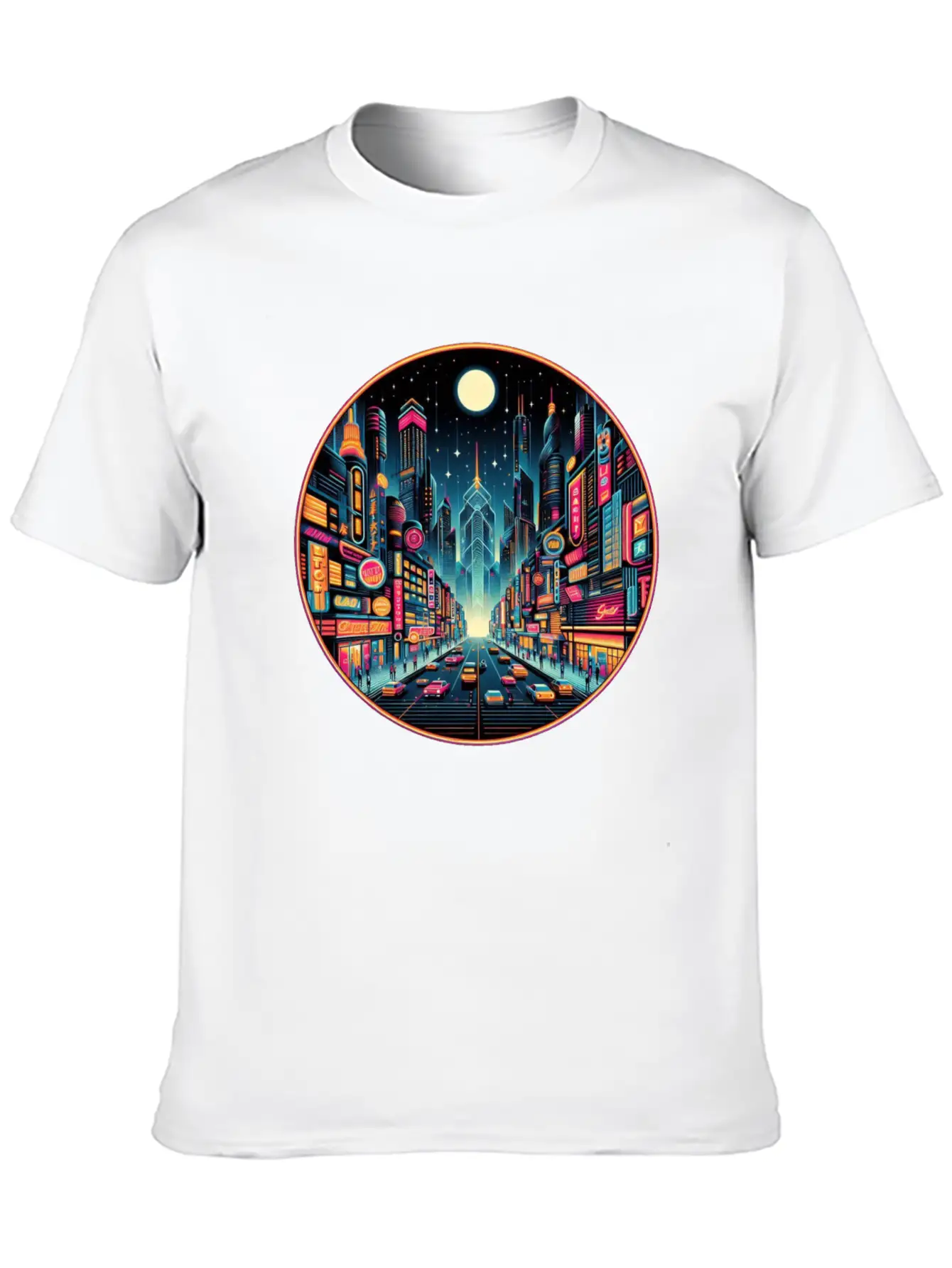 Neon Cityscape Retro Futurism Art Essential Unisex Summer Tee – Soft Cotton Casual Fit
