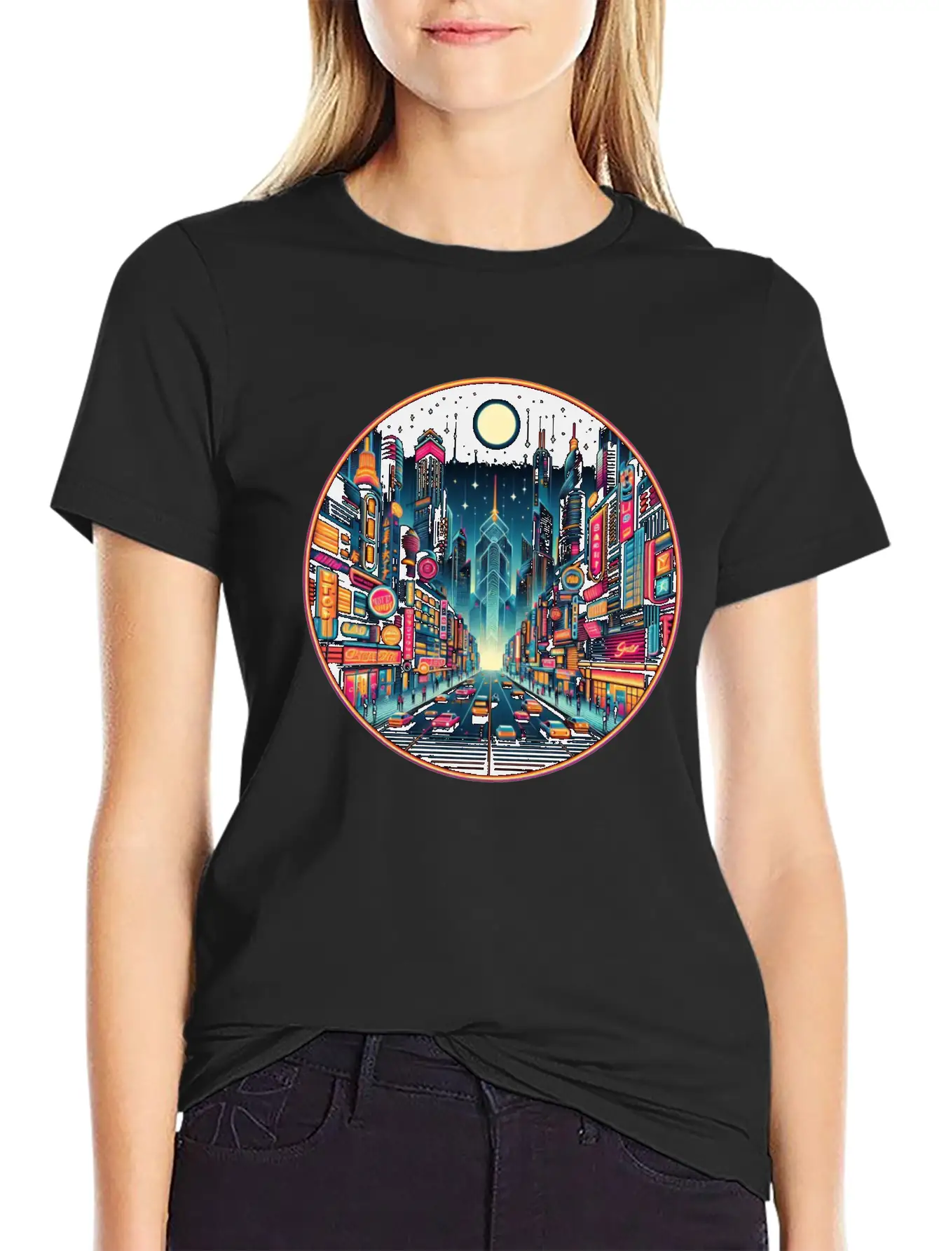 Neon Cityscape Retro Futurism Art Essential Unisex Summer Tee – Soft Cotton Casual Fit