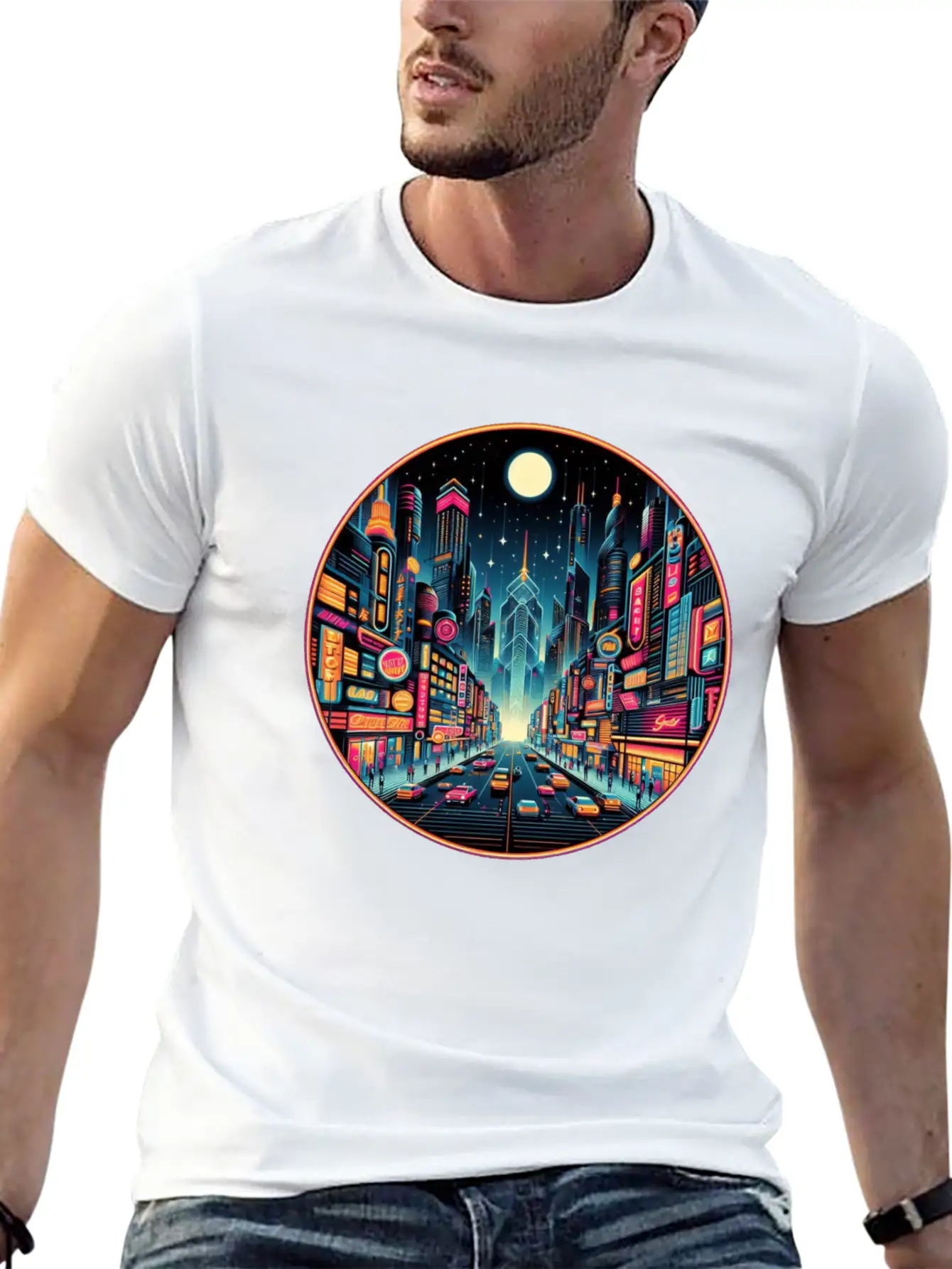 Neon Cityscape Retro Futurism Art Essential Unisex Summer Tee – Soft Cotton Casual Fit