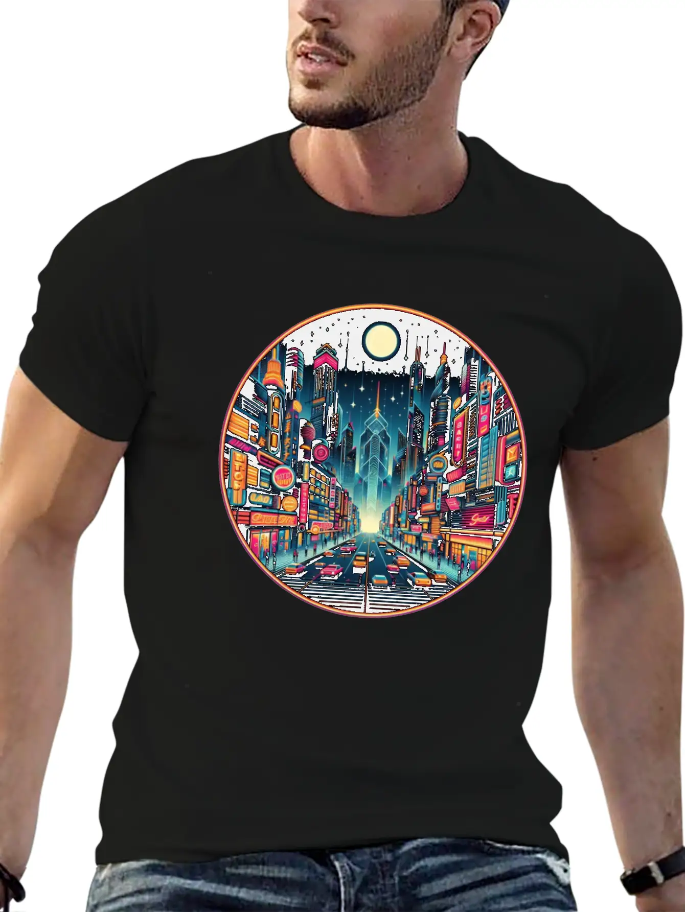 Neon Cityscape Retro Futurism Art Essential Unisex Summer Tee – Soft Cotton Casual Fit