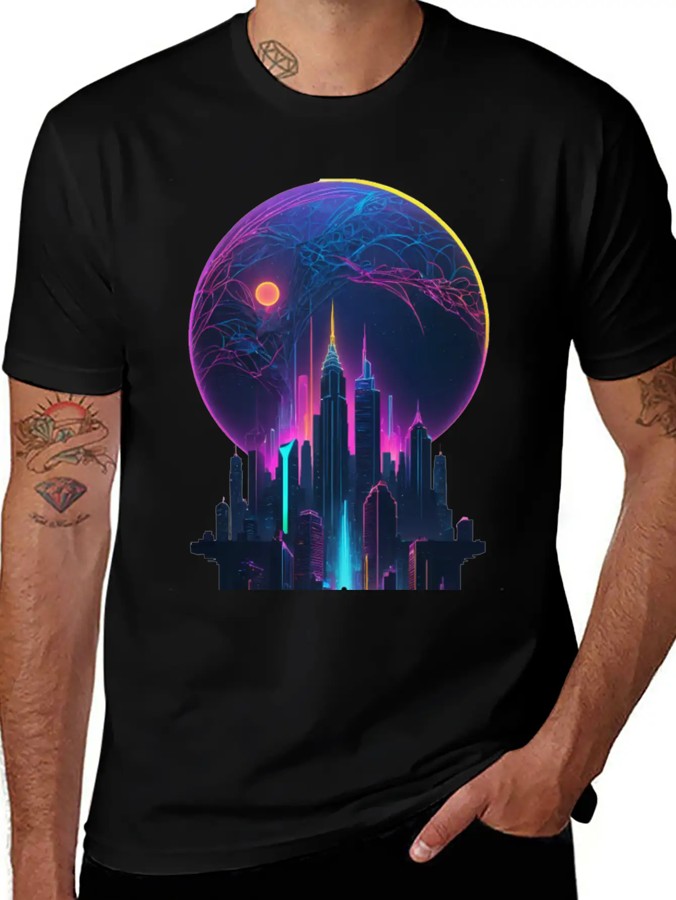Neon Dreams: Retrofuturism Cityscape Unisex Short Sleeve Soft Cotton T-Shirt – Casual Everyday Wear