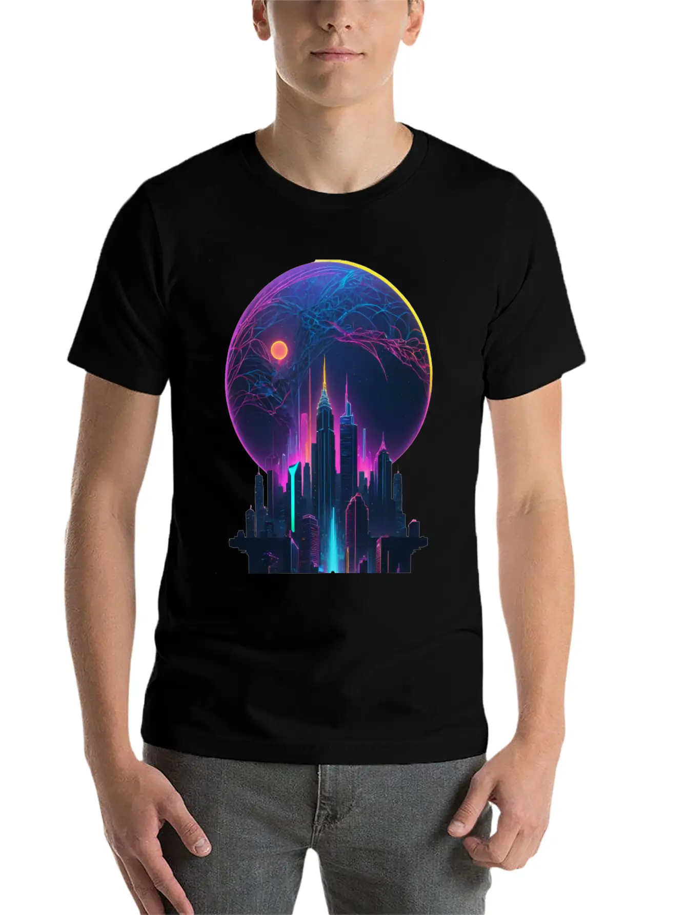 Neon Dreams: Retrofuturism Cityscape Unisex Short Sleeve Soft Cotton T-Shirt – Casual Everyday Wear