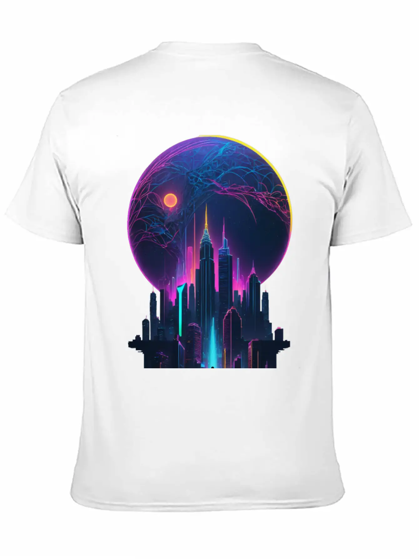 Neon Dreams: Retrofuturism Cityscape Unisex Short Sleeve Soft Cotton T-Shirt – Casual Everyday Wear