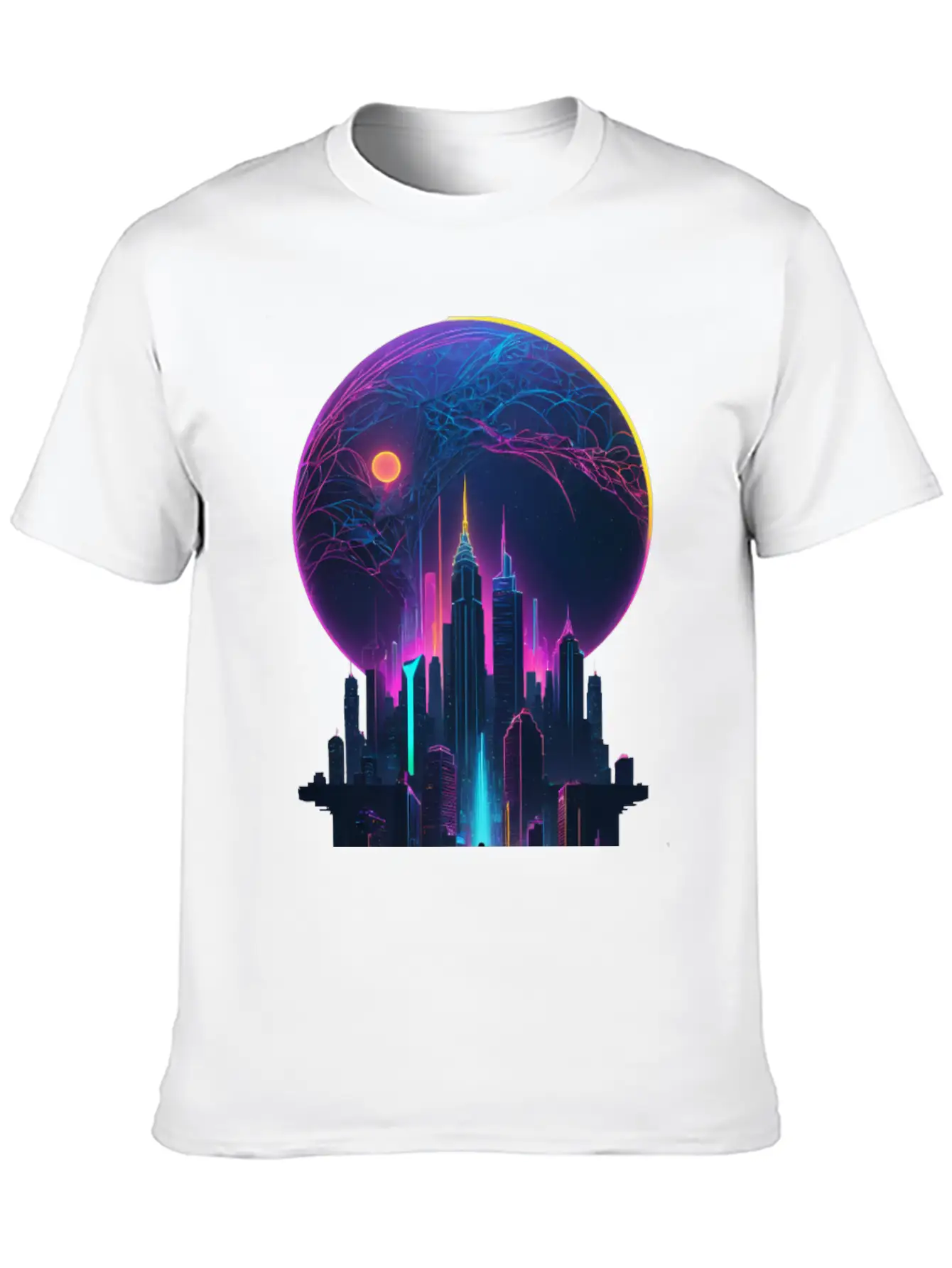 Neon Dreams: Retrofuturism Cityscape Unisex Short Sleeve Soft Cotton T-Shirt – Casual Everyday Wear