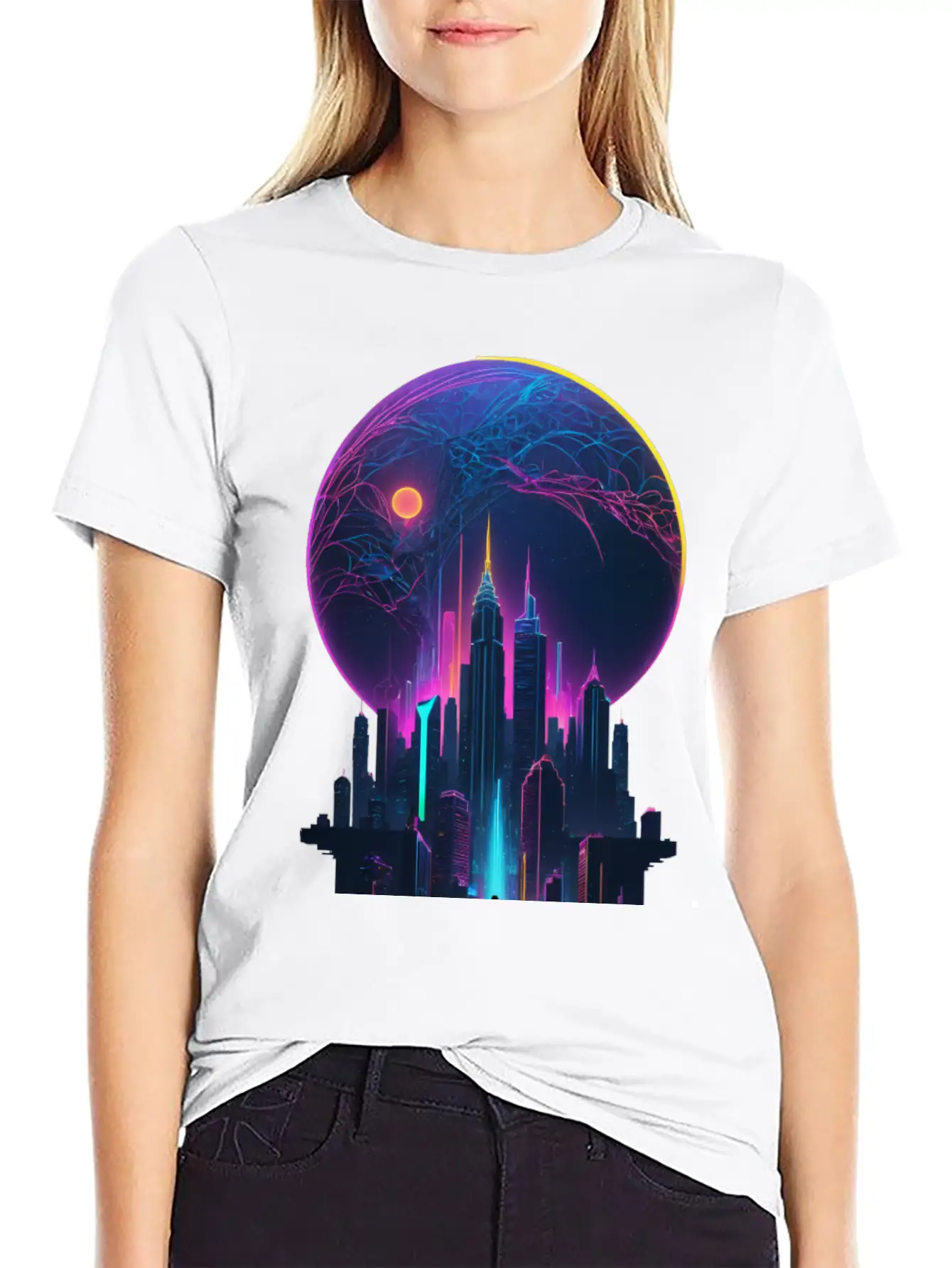Neon Dreams: Retrofuturism Cityscape Unisex Short Sleeve Soft Cotton T-Shirt – Casual Everyday Wear