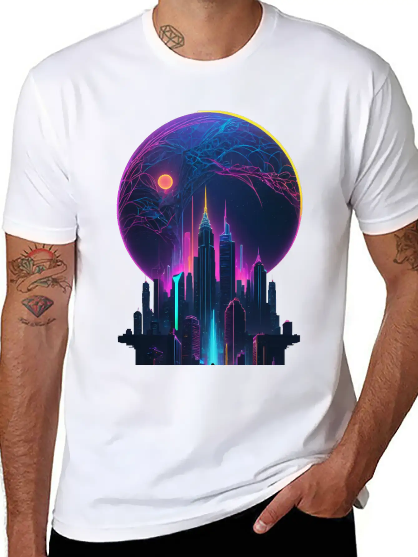 Neon Dreams: Retrofuturism Cityscape Unisex Short Sleeve Soft Cotton T-Shirt – Casual Everyday Wear