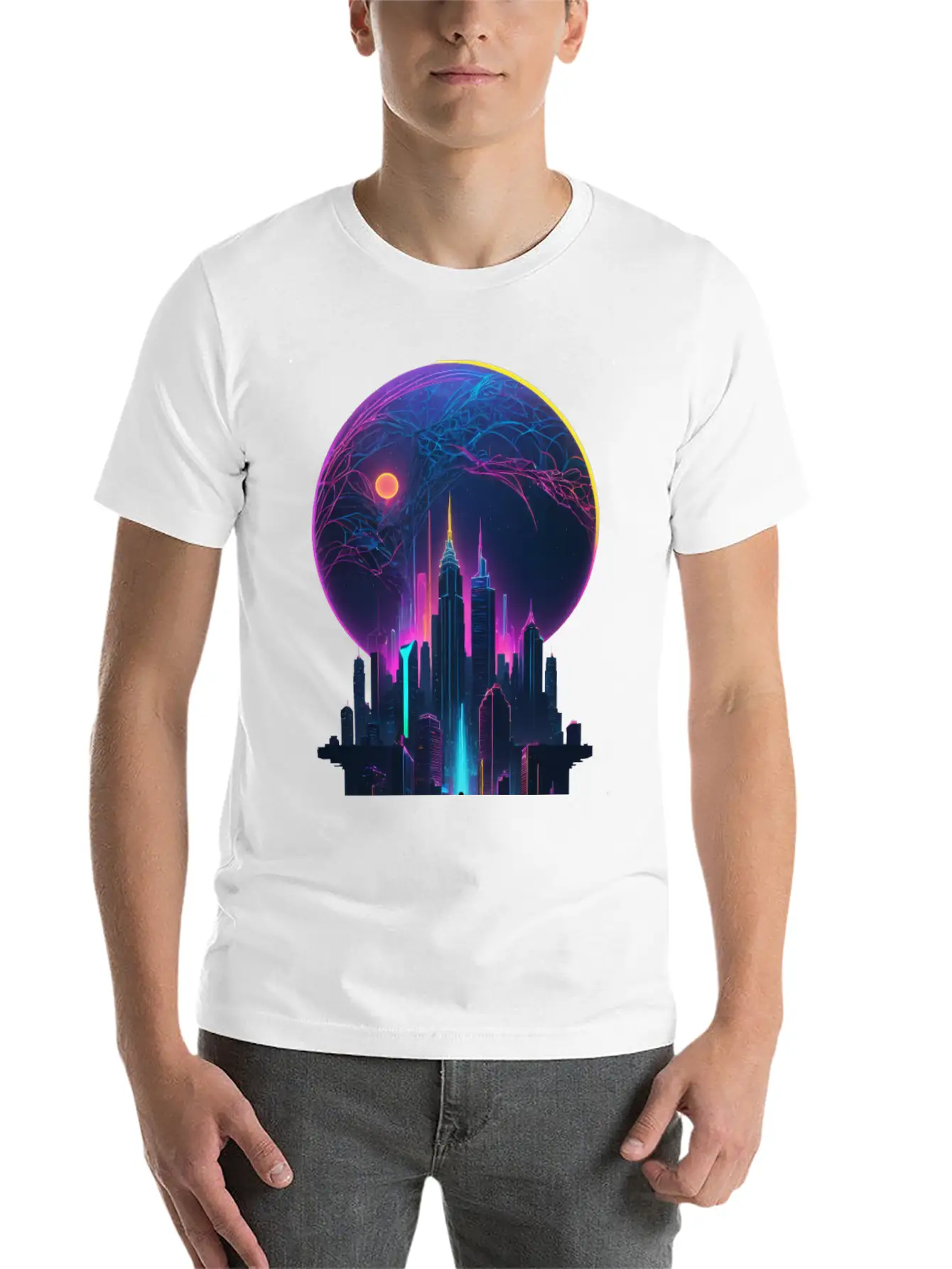 Neon Dreams: Retrofuturism Cityscape Unisex Short Sleeve Soft Cotton T-Shirt – Casual Everyday Wear