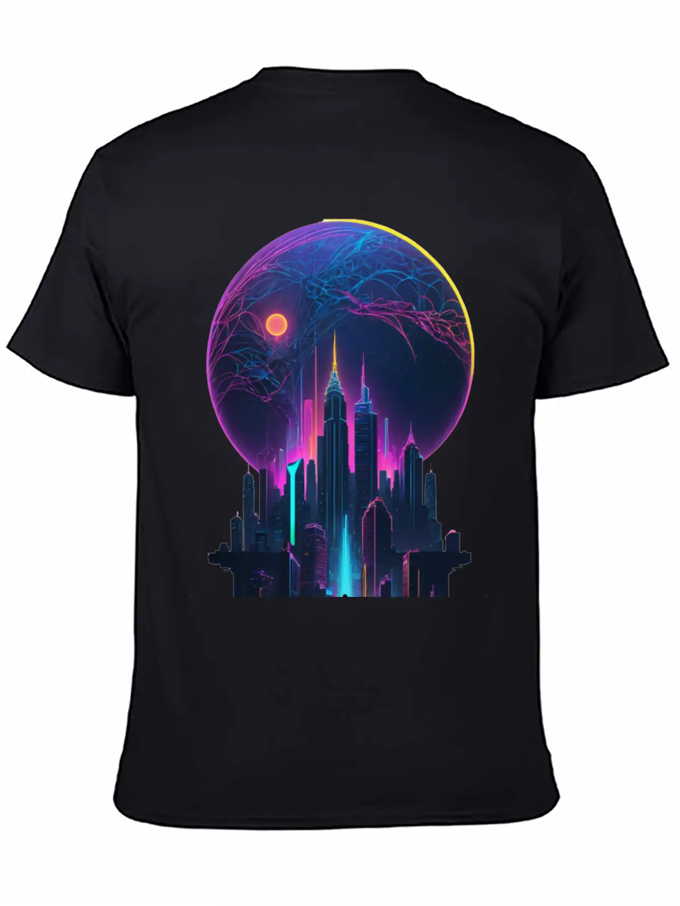 Neon Dreams: Retrofuturism Cityscape Unisex Short Sleeve Soft Cotton T-Shirt – Casual Everyday Wear