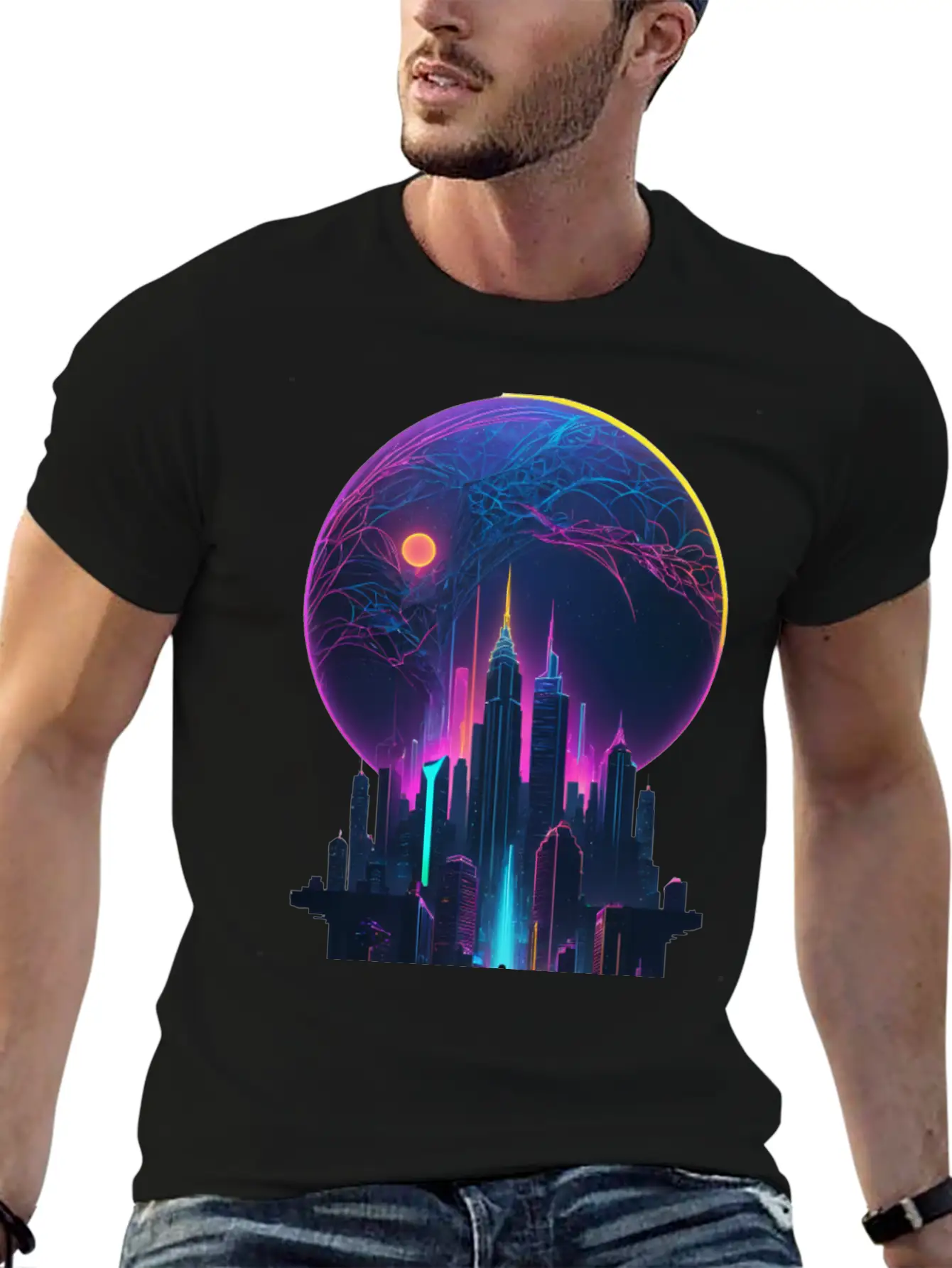 Neon Dreams: Retrofuturism Cityscape Unisex Short Sleeve Soft Cotton T-Shirt – Casual Everyday Wear