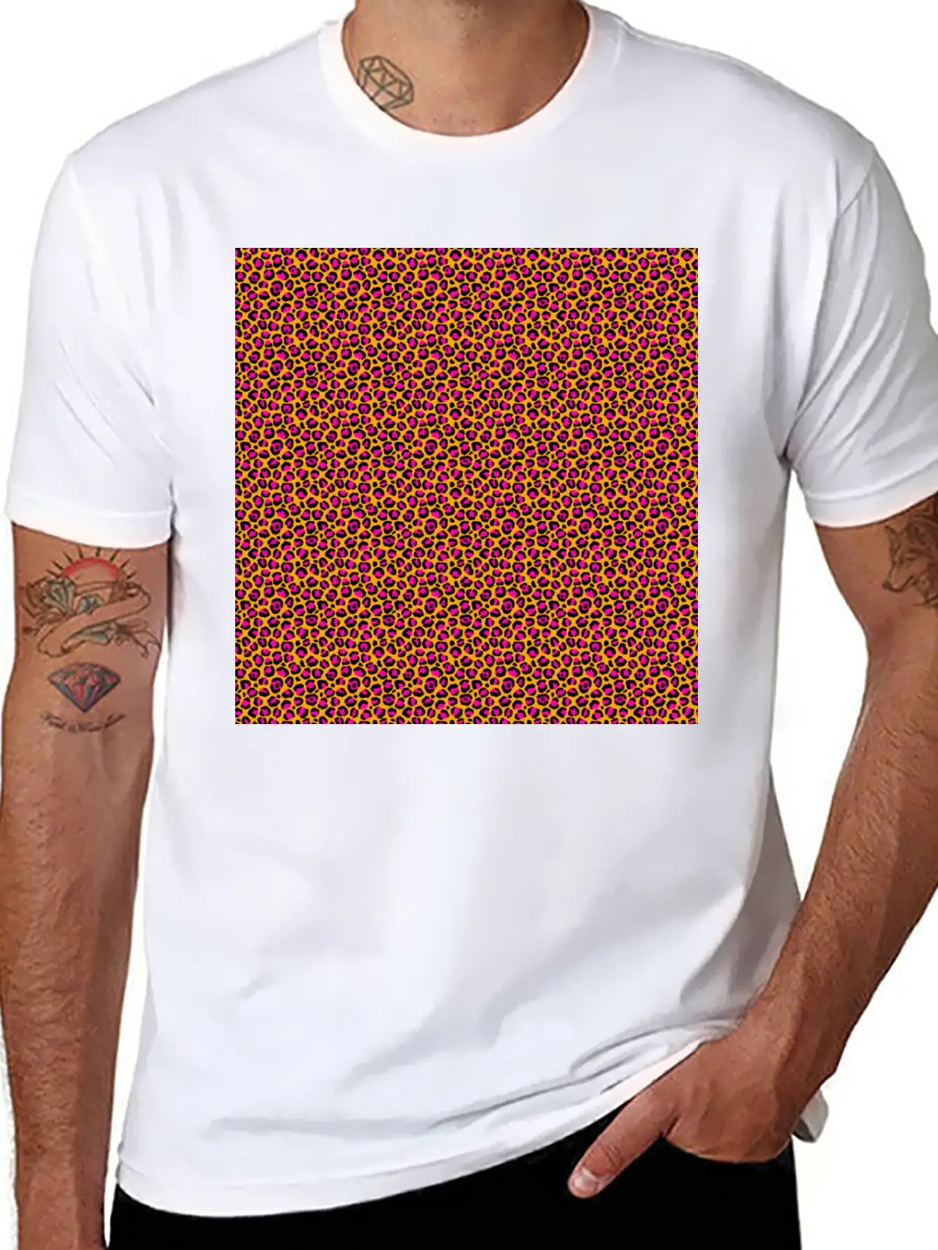 Neon Orange Pink Leopard Pattern Unisex Short Sleeve Soft Cotton T-Shirt – Casual Everyday Wear